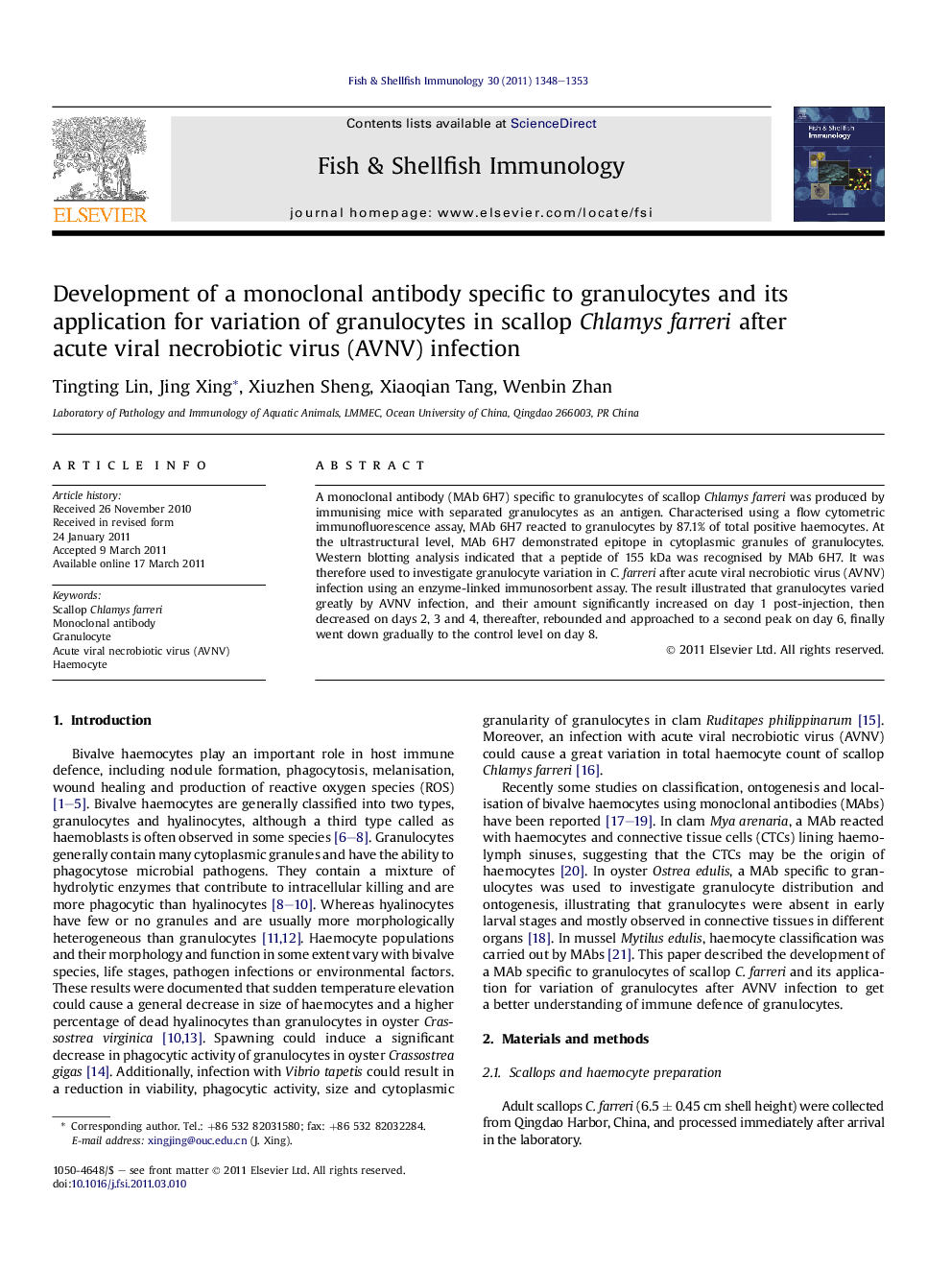 Development of a monoclonal antibody specific to granulocytes and its application for variation of granulocytes in scallop Chlamys farreri after acute viral necrobiotic virus (AVNV) infection