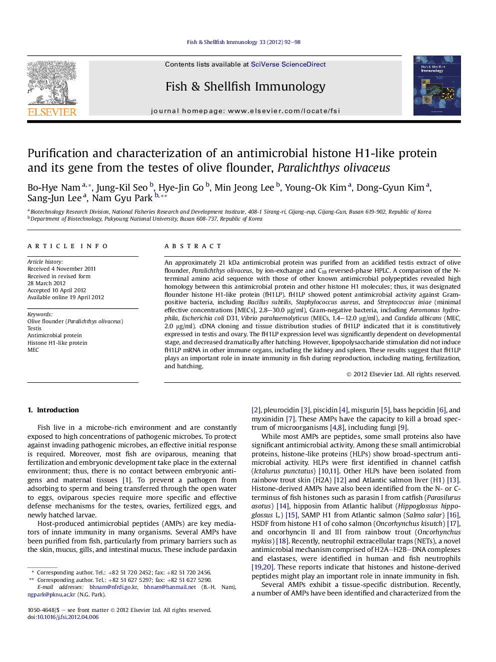 Purification and characterization of an antimicrobial histone H1-like protein and its gene from the testes of olive flounder, Paralichthys olivaceus