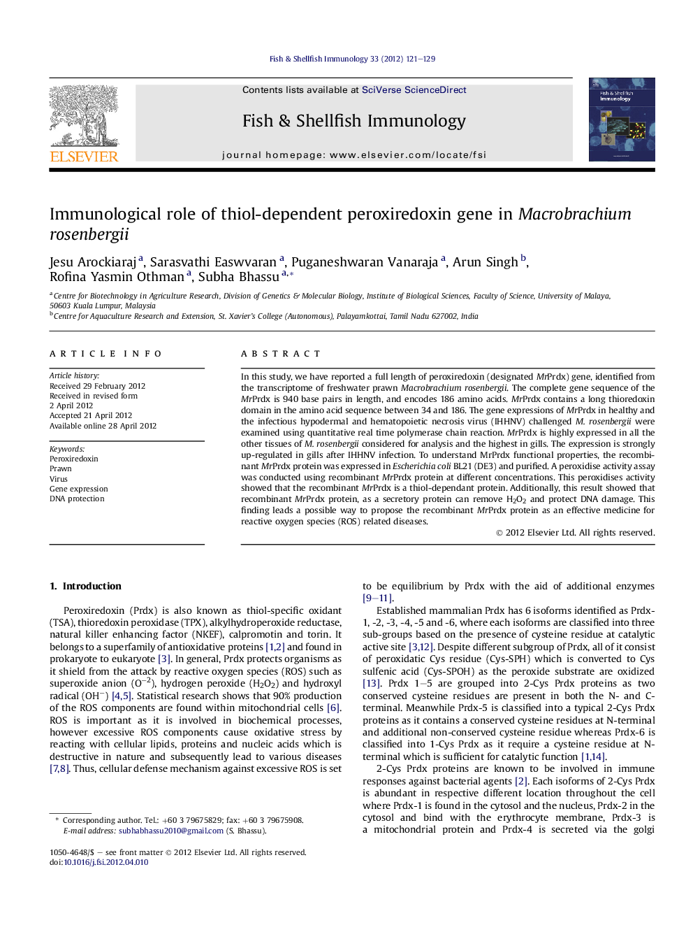 Immunological role of thiol-dependent peroxiredoxin gene in Macrobrachium rosenbergii