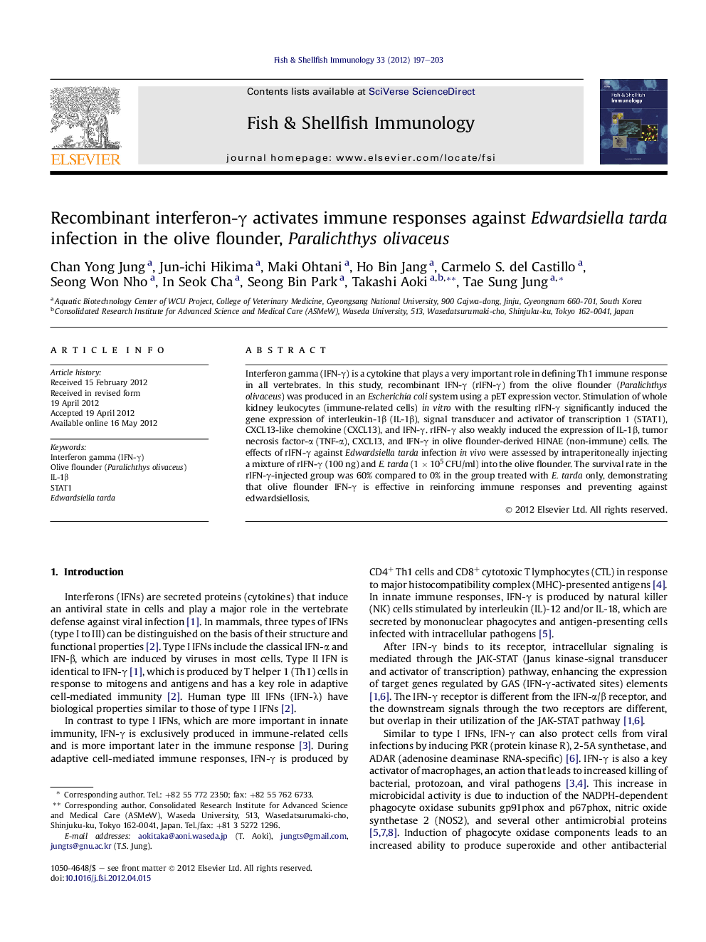 Recombinant interferon-γ activates immune responses against Edwardsiella tarda infection in the olive flounder, Paralichthys olivaceus