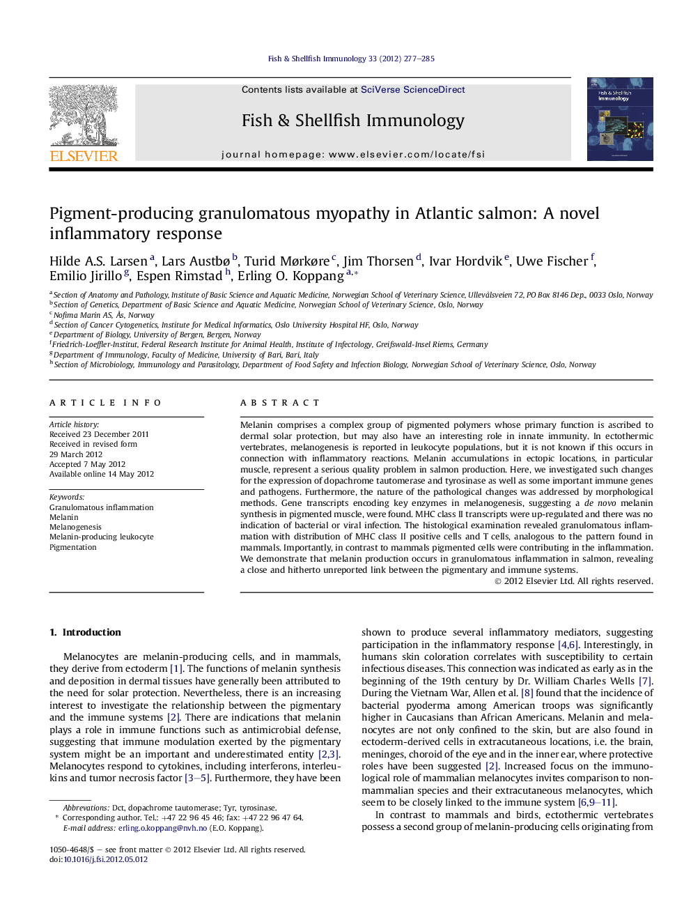 Pigment-producing granulomatous myopathy in Atlantic salmon: A novel inflammatory response