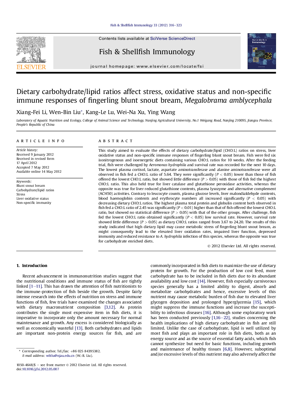 Dietary carbohydrate/lipid ratios affect stress, oxidative status and non-specific immune responses of fingerling blunt snout bream, Megalobrama amblycephala