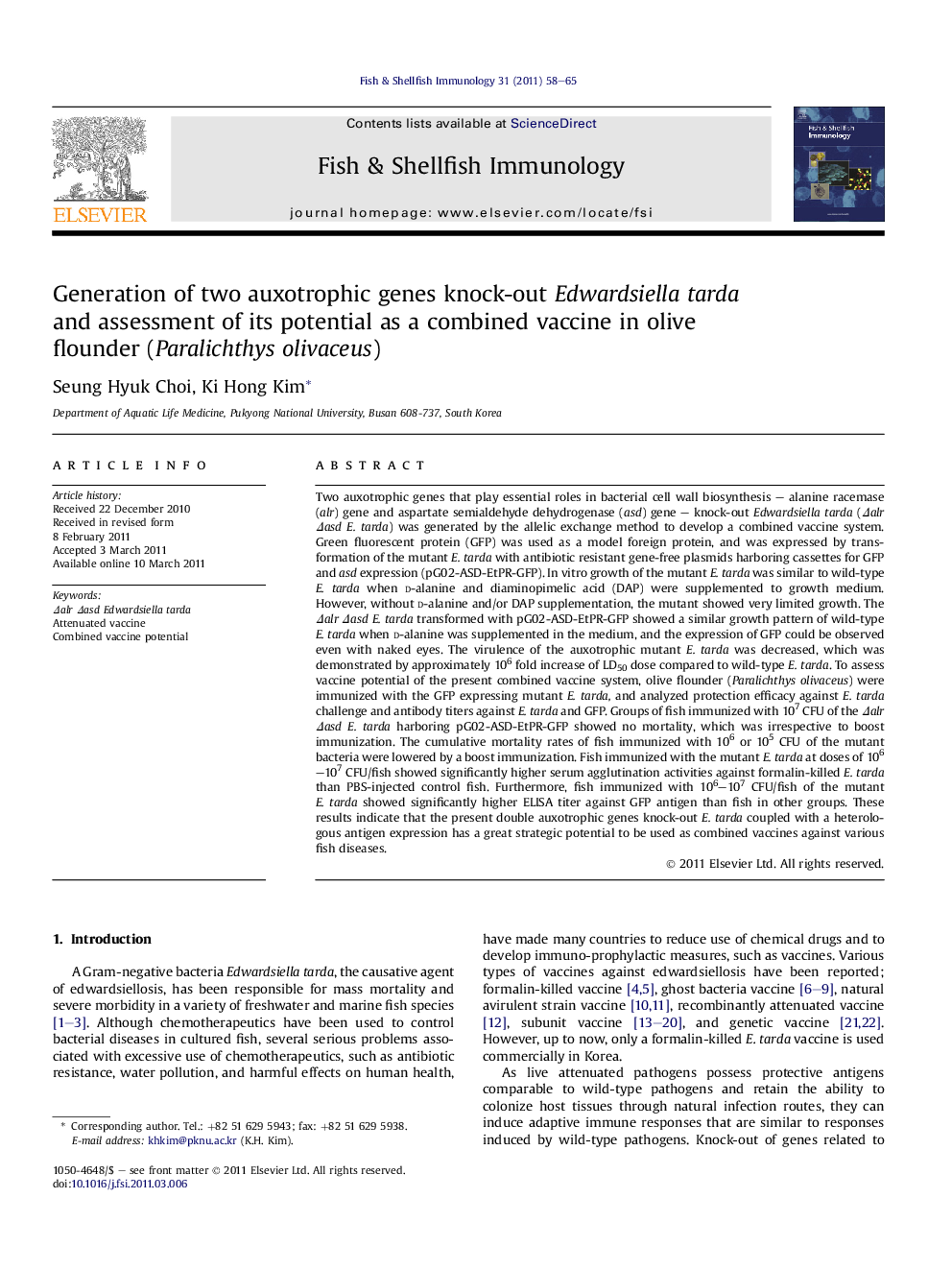 Generation of two auxotrophic genes knock-out Edwardsiella tarda and assessment of its potential as a combined vaccine in olive flounder (Paralichthys olivaceus)