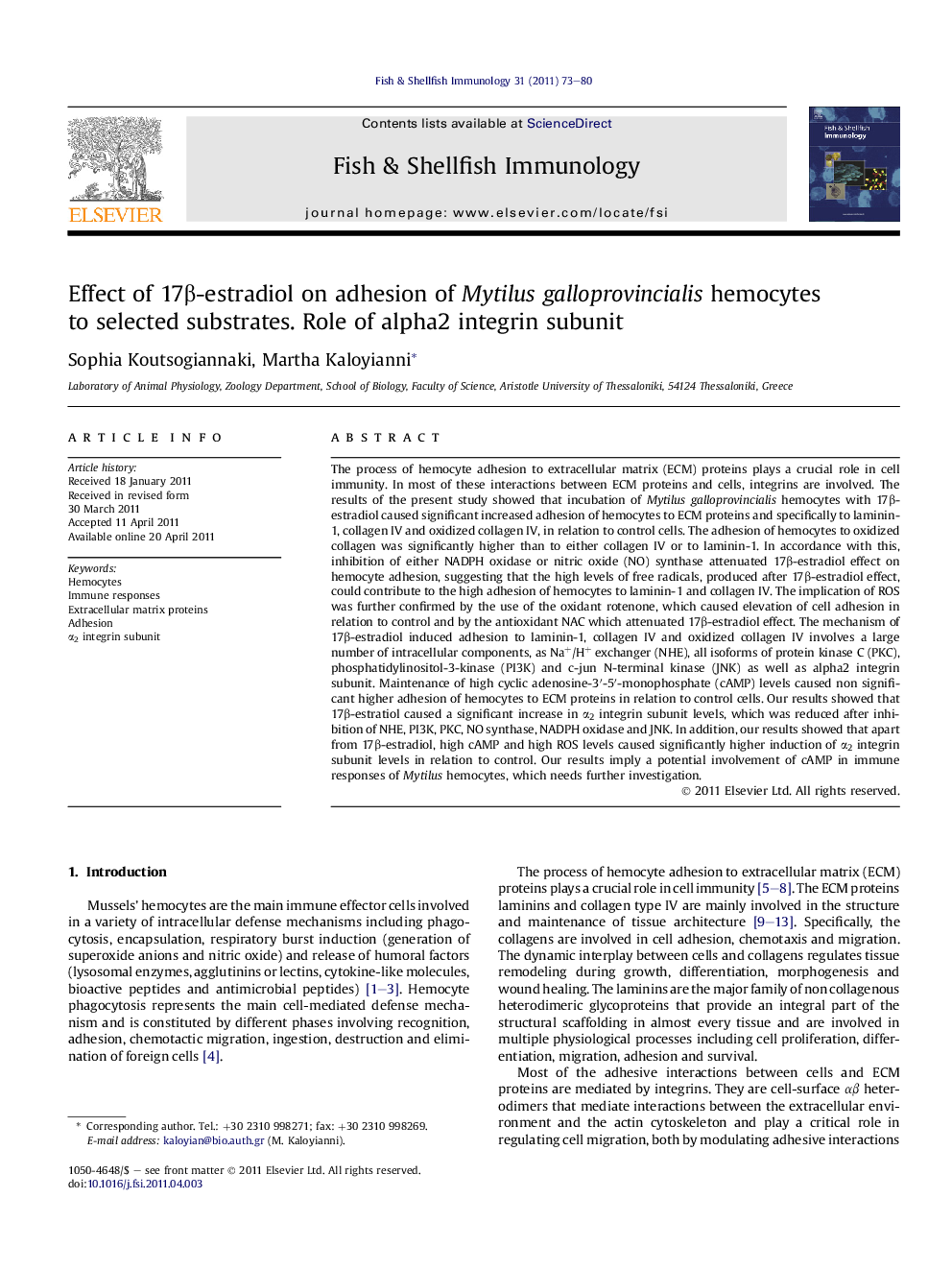 Effect of 17β-estradiol on adhesion of Mytilus galloprovincialis hemocytes to selected substrates. Role of alpha2 integrin subunit