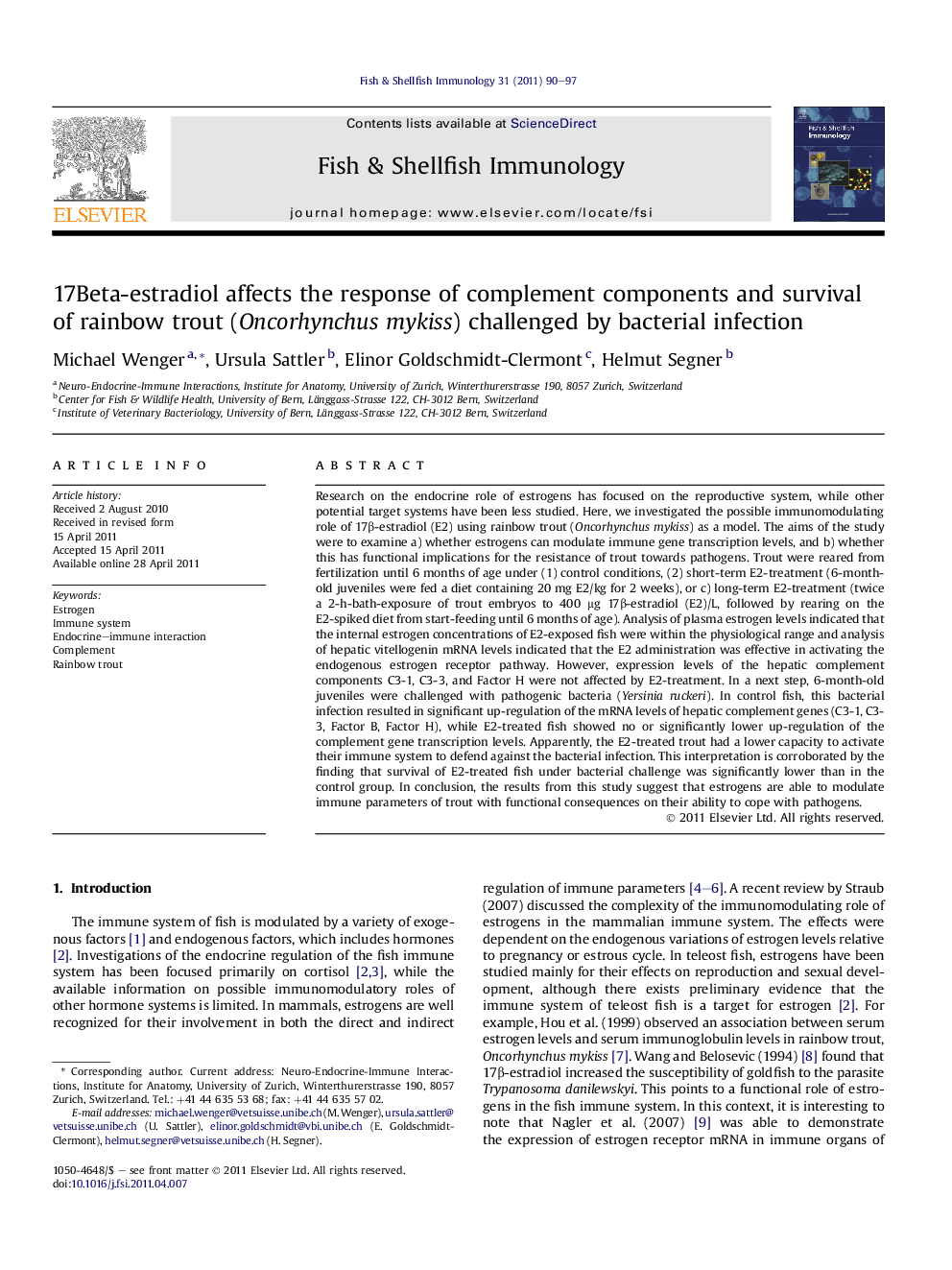 17Beta-estradiol affects the response of complement components and survival of rainbow trout (Oncorhynchus mykiss) challenged by bacterial infection