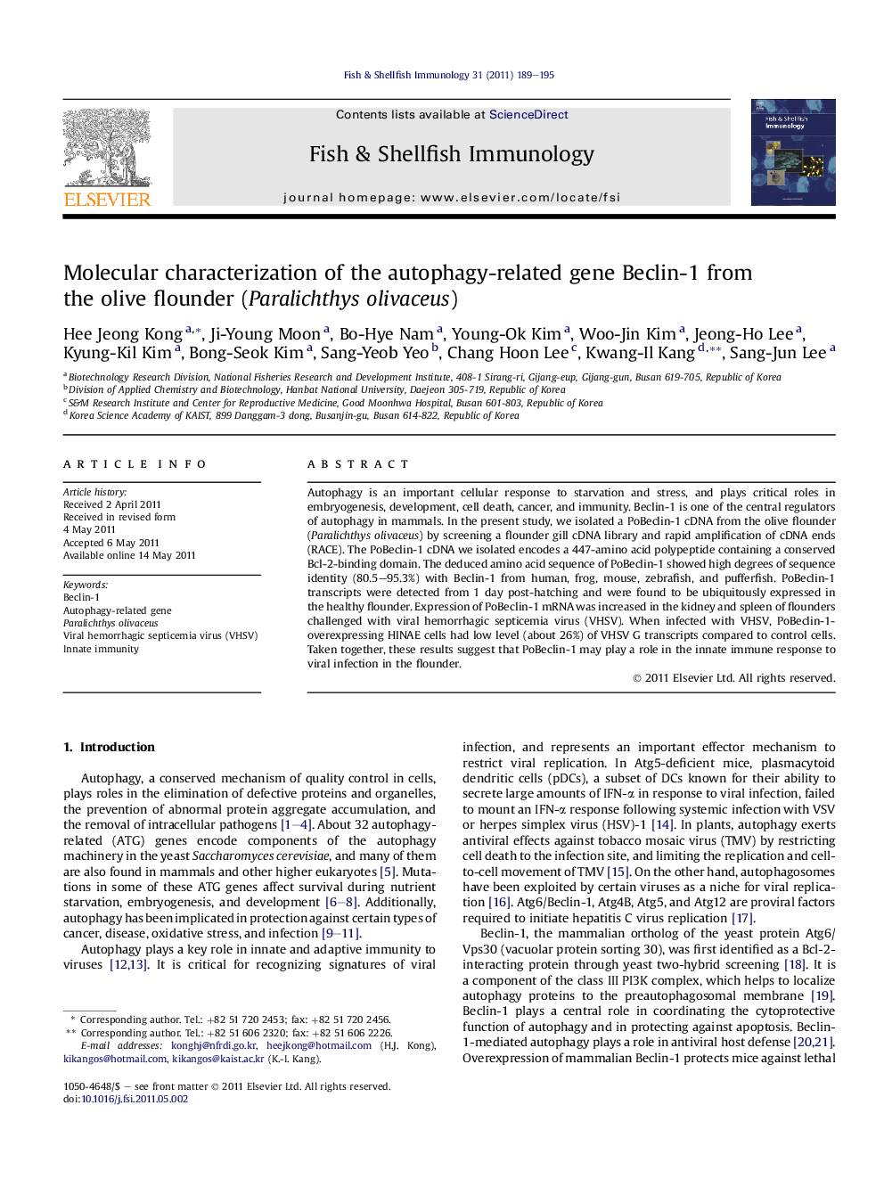 Molecular characterization of the autophagy-related gene Beclin-1 from the olive flounder (Paralichthys olivaceus)