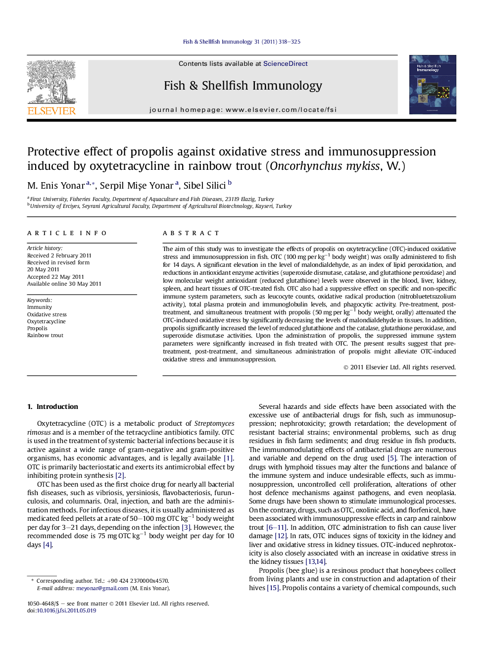 Protective effect of propolis against oxidative stress and immunosuppression induced by oxytetracycline in rainbow trout (Oncorhynchus mykiss, W.)