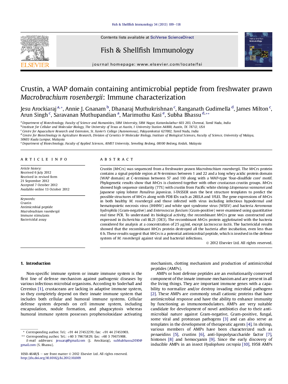 Crustin, a WAP domain containing antimicrobial peptide from freshwater prawn Macrobrachium rosenbergii: Immune characterization