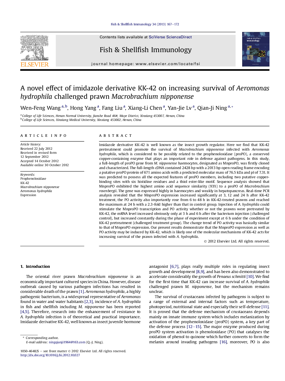 A novel effect of imidazole derivative KK-42 on increasing survival of Aeromonas hydrophila challenged prawn Macrobrachium nipponense