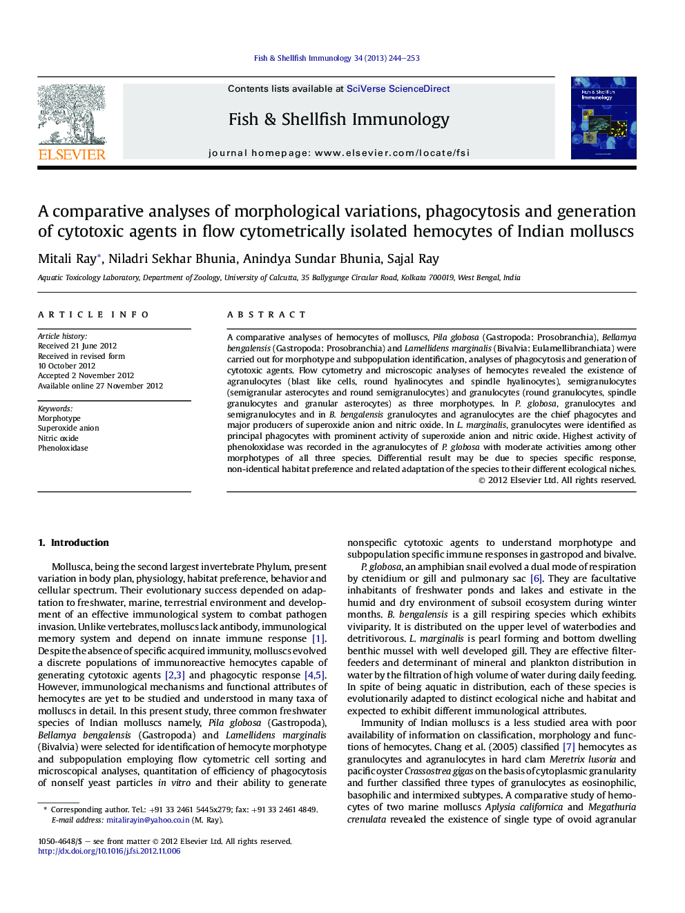 A comparative analyses of morphological variations, phagocytosis and generation of cytotoxic agents in flow cytometrically isolated hemocytes of Indian molluscs