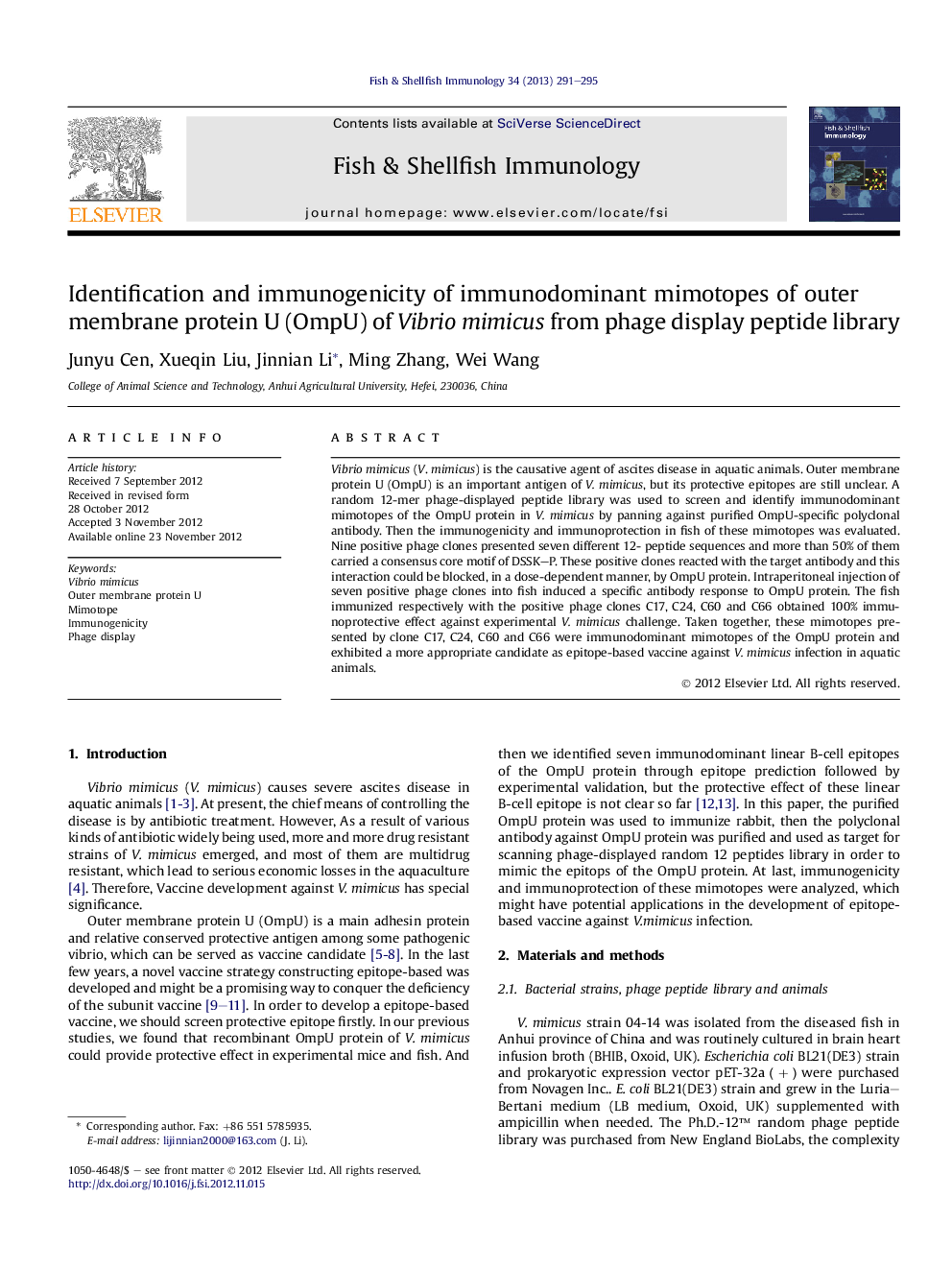 Identiﬁcation and immunogenicity of immunodominant mimotopes of outer membrane protein U (OmpU) of Vibrio mimicus from phage display peptide library