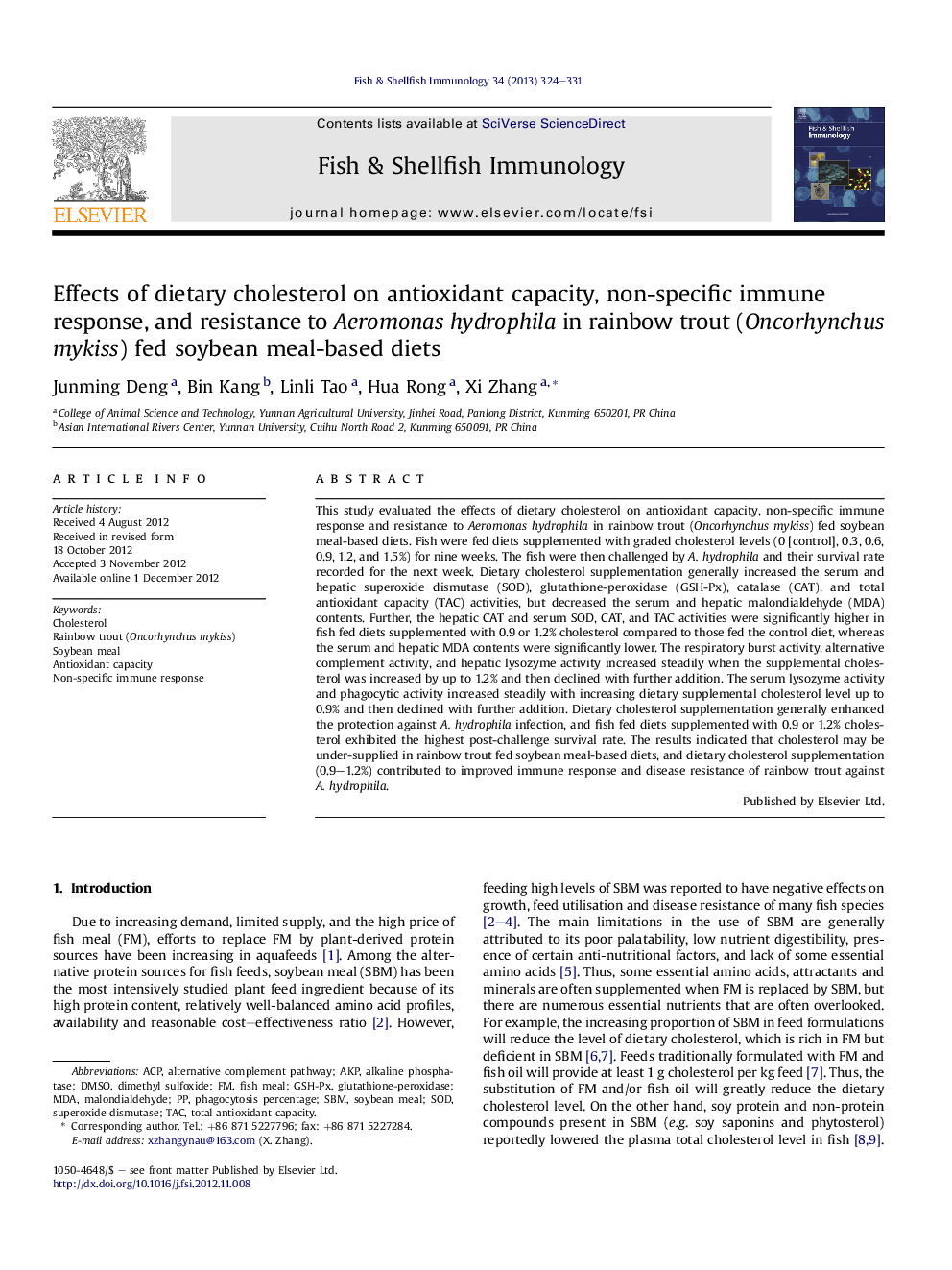 Effects of dietary cholesterol on antioxidant capacity, non-specific immune response, and resistance to Aeromonas hydrophila in rainbow trout (Oncorhynchus mykiss) fed soybean meal-based diets