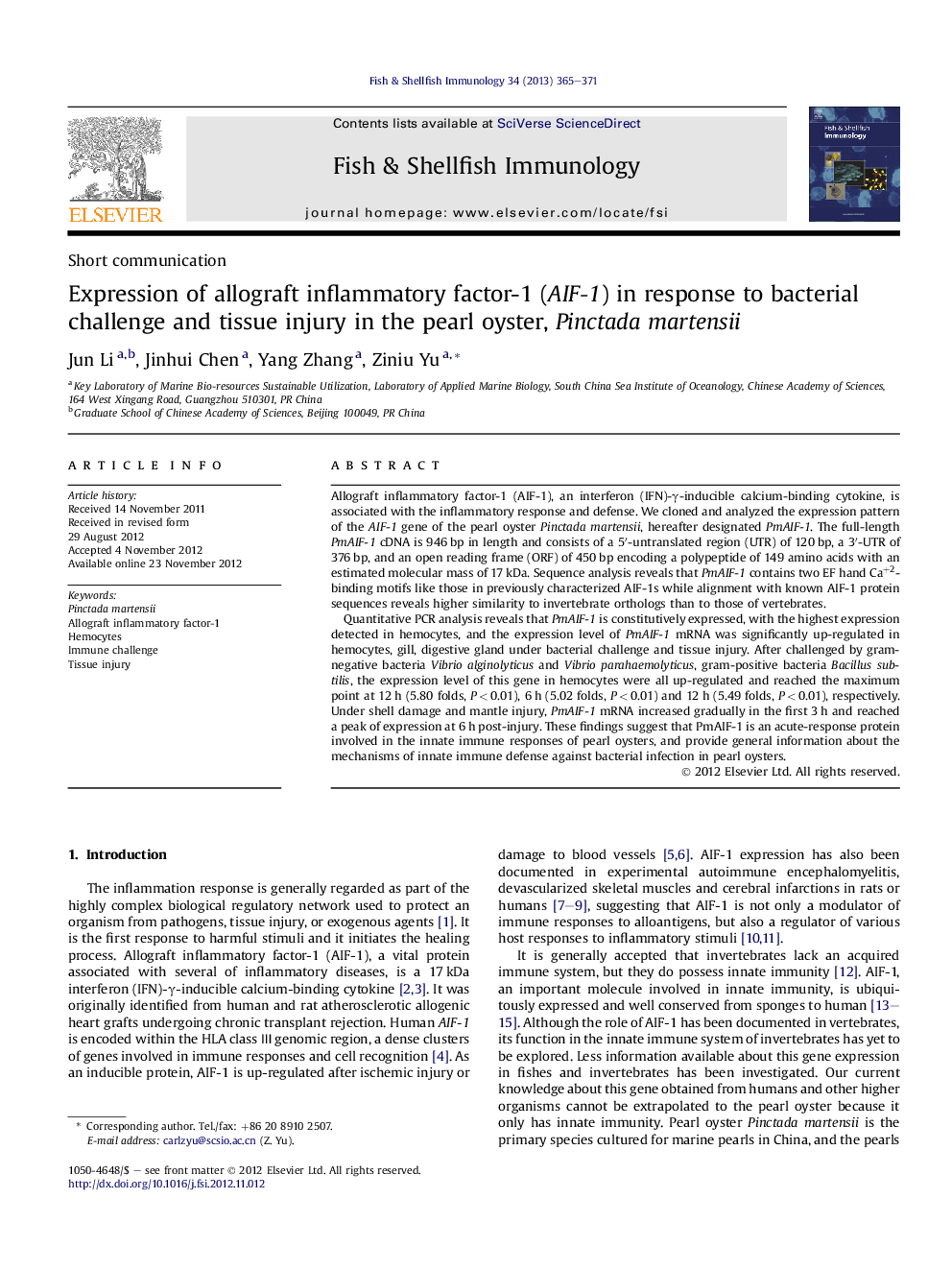 Expression of allograft inflammatory factor-1 (AIF-1) in response to bacterial challenge and tissue injury in the pearl oyster, Pinctada martensii