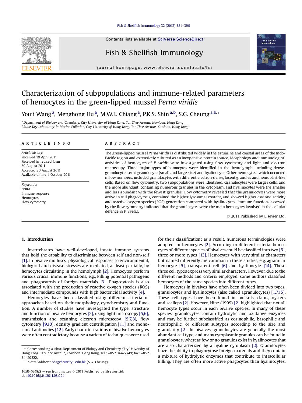 Characterization of subpopulations and immune-related parameters of hemocytes in the green-lipped mussel Perna viridis