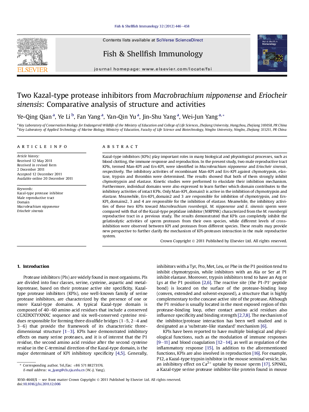 Two Kazal-type protease inhibitors from Macrobrachium nipponense and Eriocheir sinensis: Comparative analysis of structure and activities