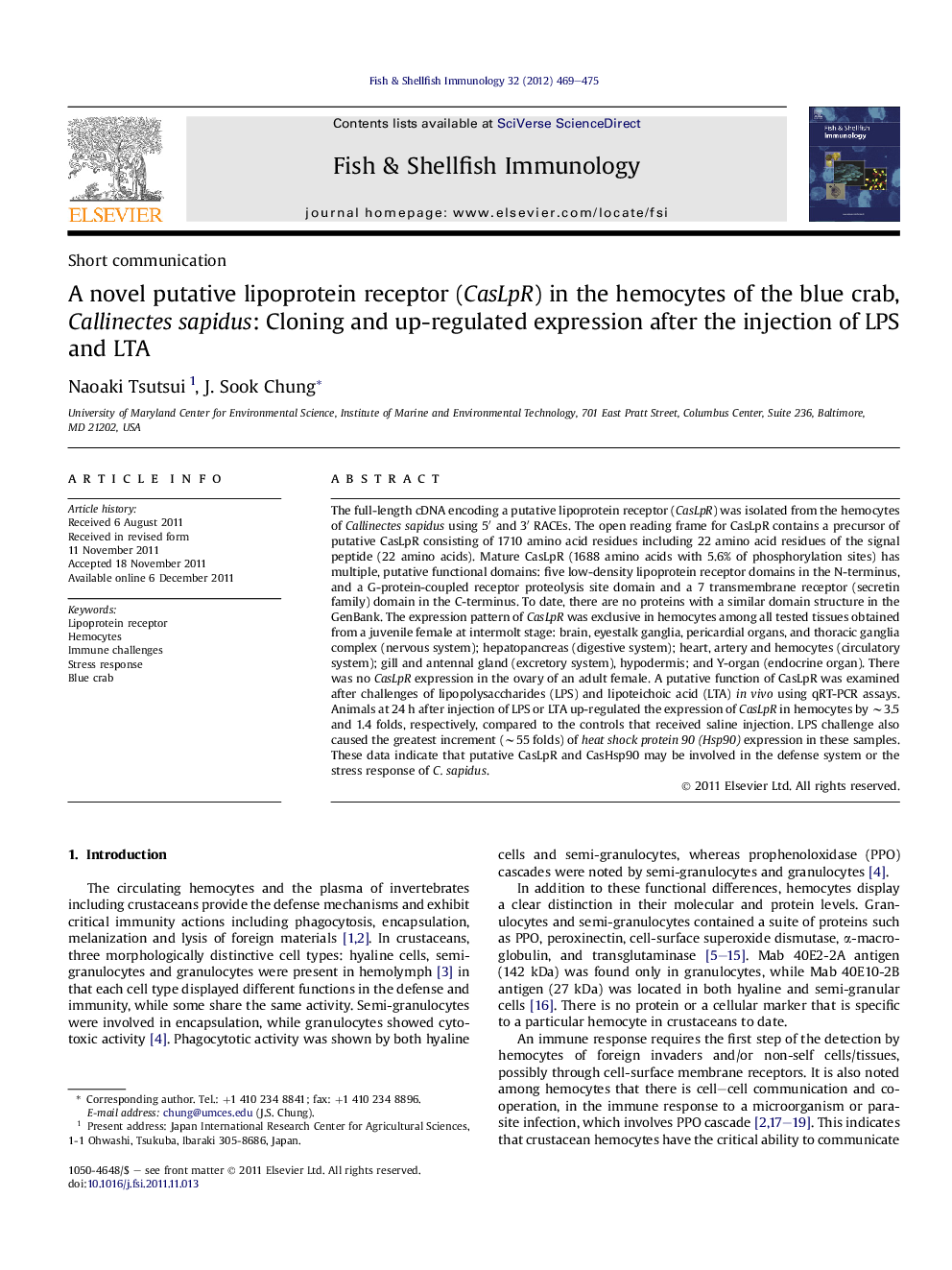 A novel putative lipoprotein receptor (CasLpR) in the hemocytes of the blue crab, Callinectes sapidus: Cloning and up-regulated expression after the injection of LPS and LTA