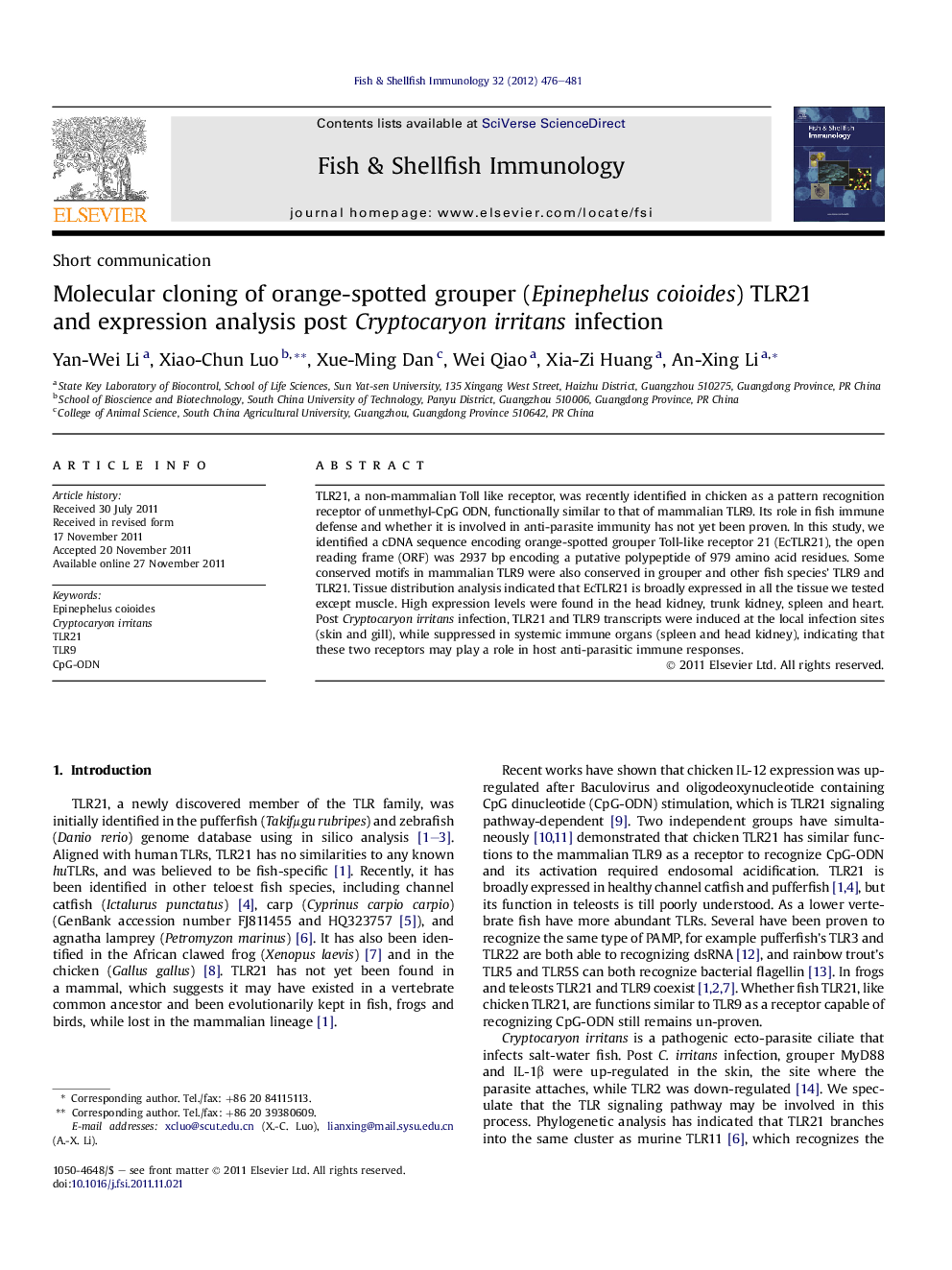 Molecular cloning of orange-spotted grouper (Epinephelus coioides) TLR21 and expression analysis post Cryptocaryon irritans infection