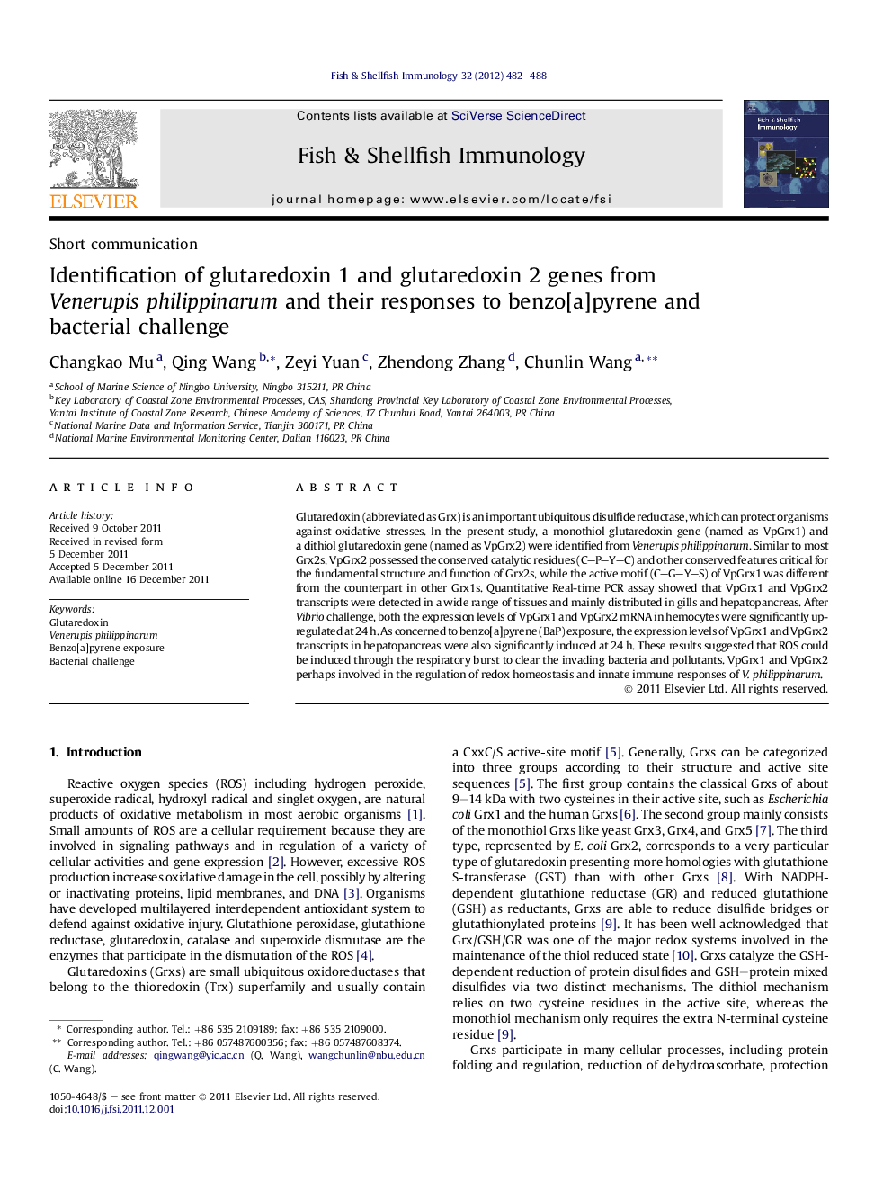 Identification of glutaredoxin 1 and glutaredoxin 2 genes from Venerupis philippinarum and their responses to benzo[a]pyrene and bacterial challenge