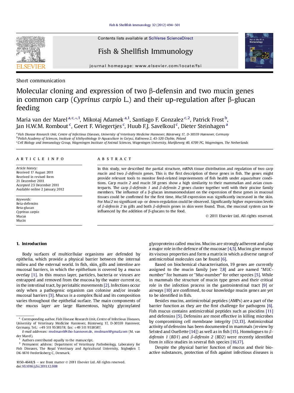 Molecular cloning and expression of two β-defensin and two mucin genes in common carp (Cyprinus carpio L.) and their up-regulation after β-glucan feeding