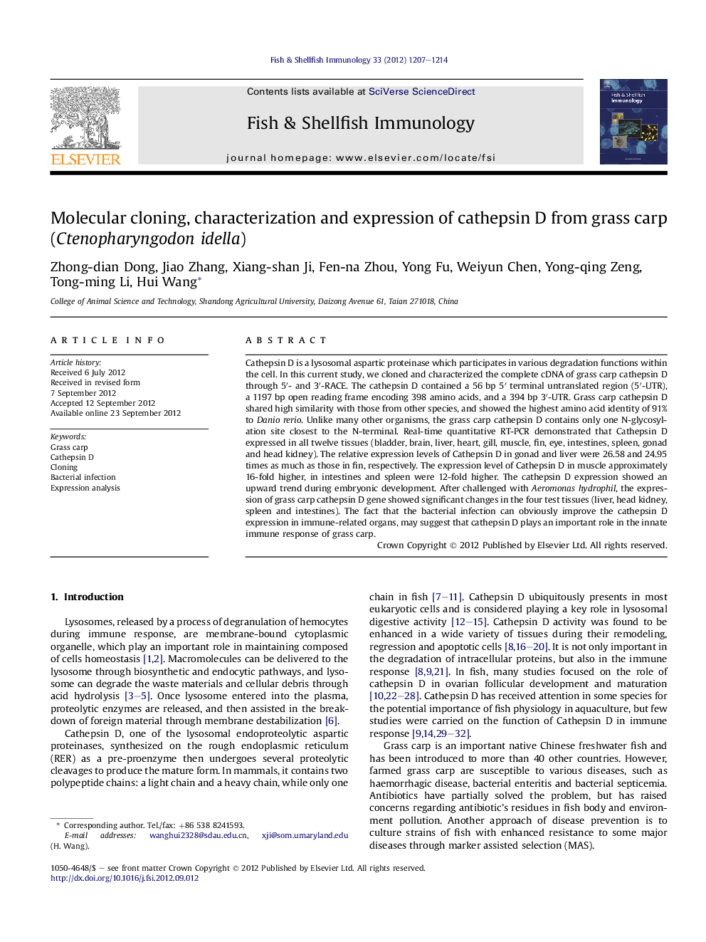 Molecular cloning, characterization and expression of cathepsin D from grass carp (Ctenopharyngodon idella)