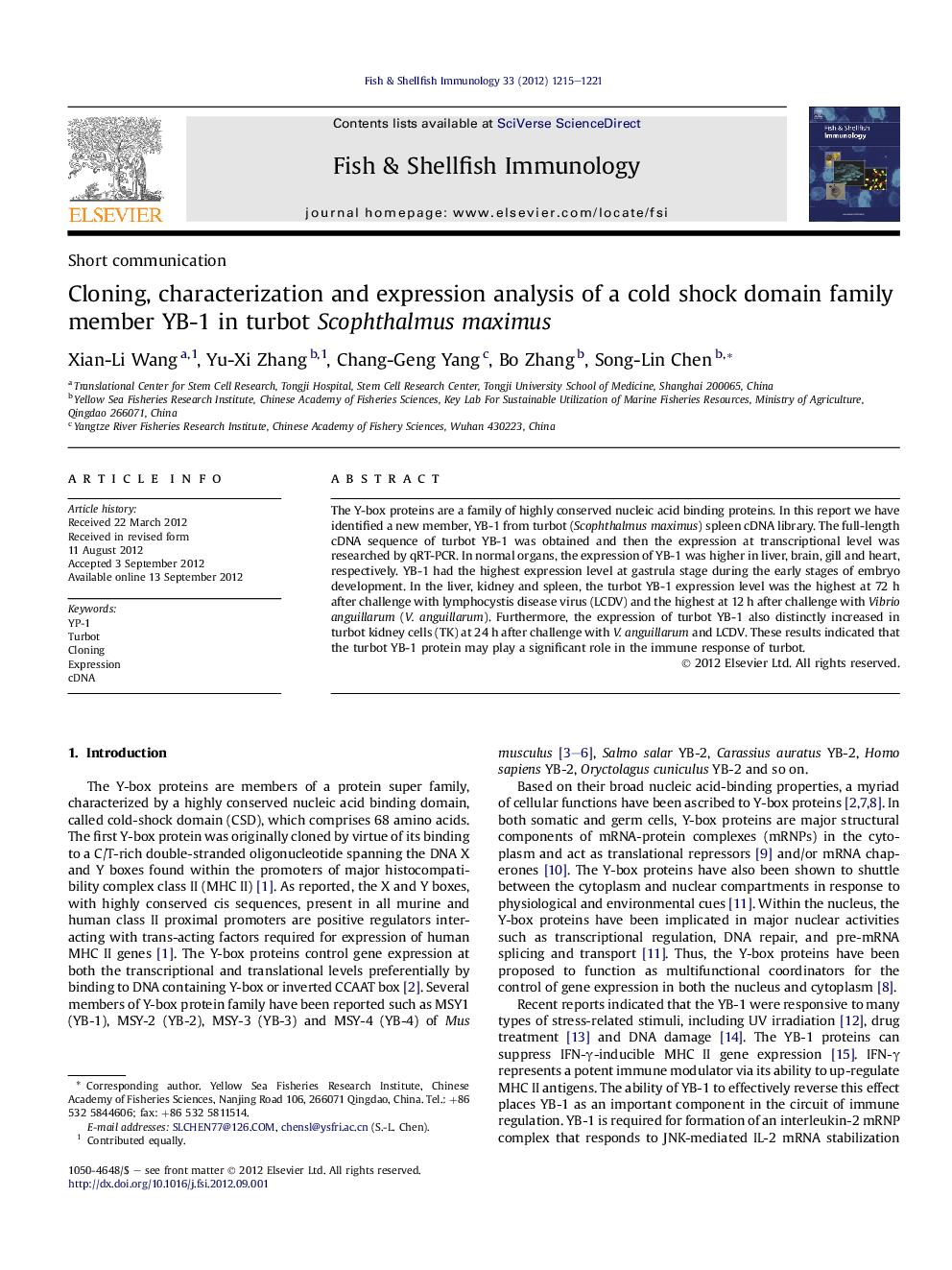 Cloning, characterization and expression analysis of a cold shock domain family member YB-1 in turbot Scophthalmus maximus