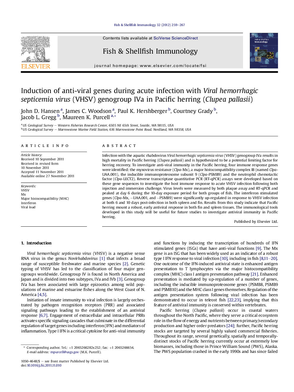 Induction of anti-viral genes during acute infection with Viral hemorrhagic septicemia virus (VHSV) genogroup IVa in Pacific herring (Clupea pallasii)