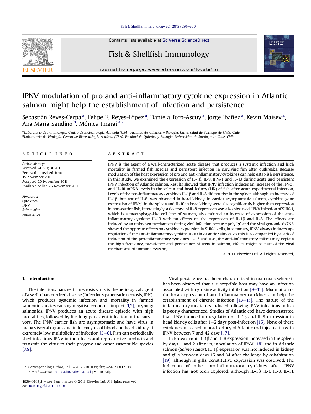 IPNV modulation of pro and anti-inflammatory cytokine expression in Atlantic salmon might help the establishment of infection and persistence