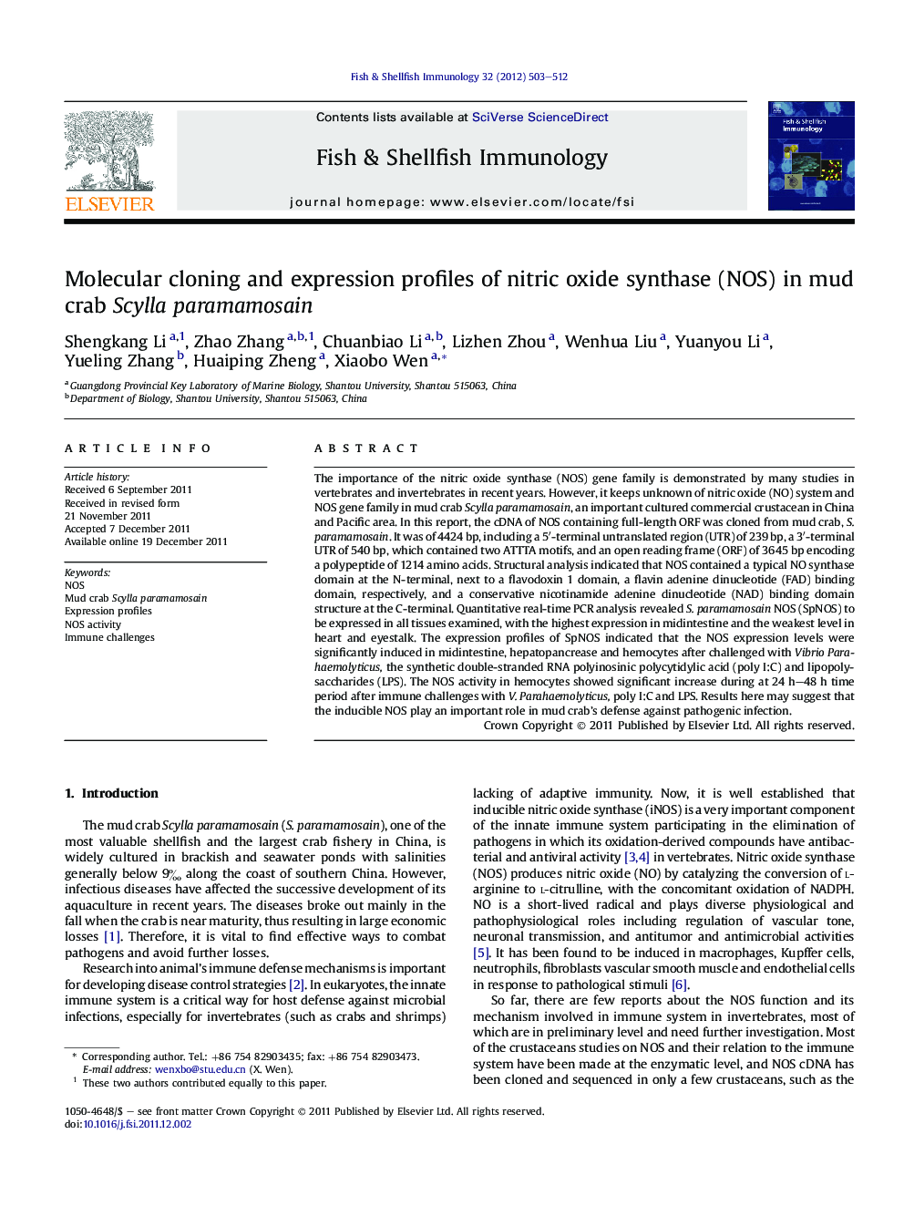 Molecular cloning and expression profiles of nitric oxide synthase (NOS) in mud crab Scylla paramamosain