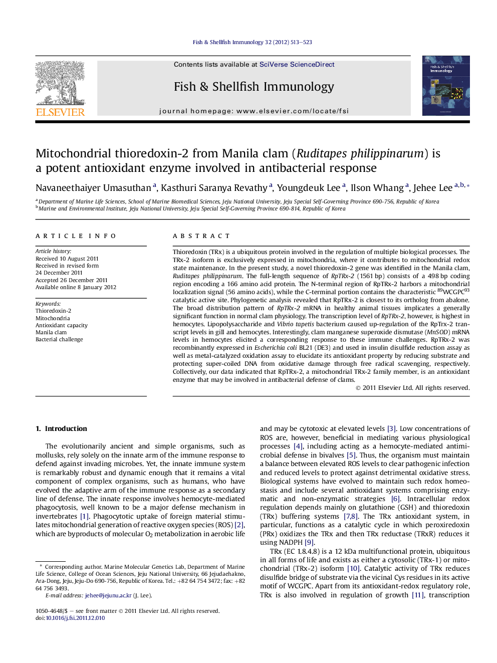 Mitochondrial thioredoxin-2 from Manila clam (Ruditapes philippinarum) is a potent antioxidant enzyme involved in antibacterial response