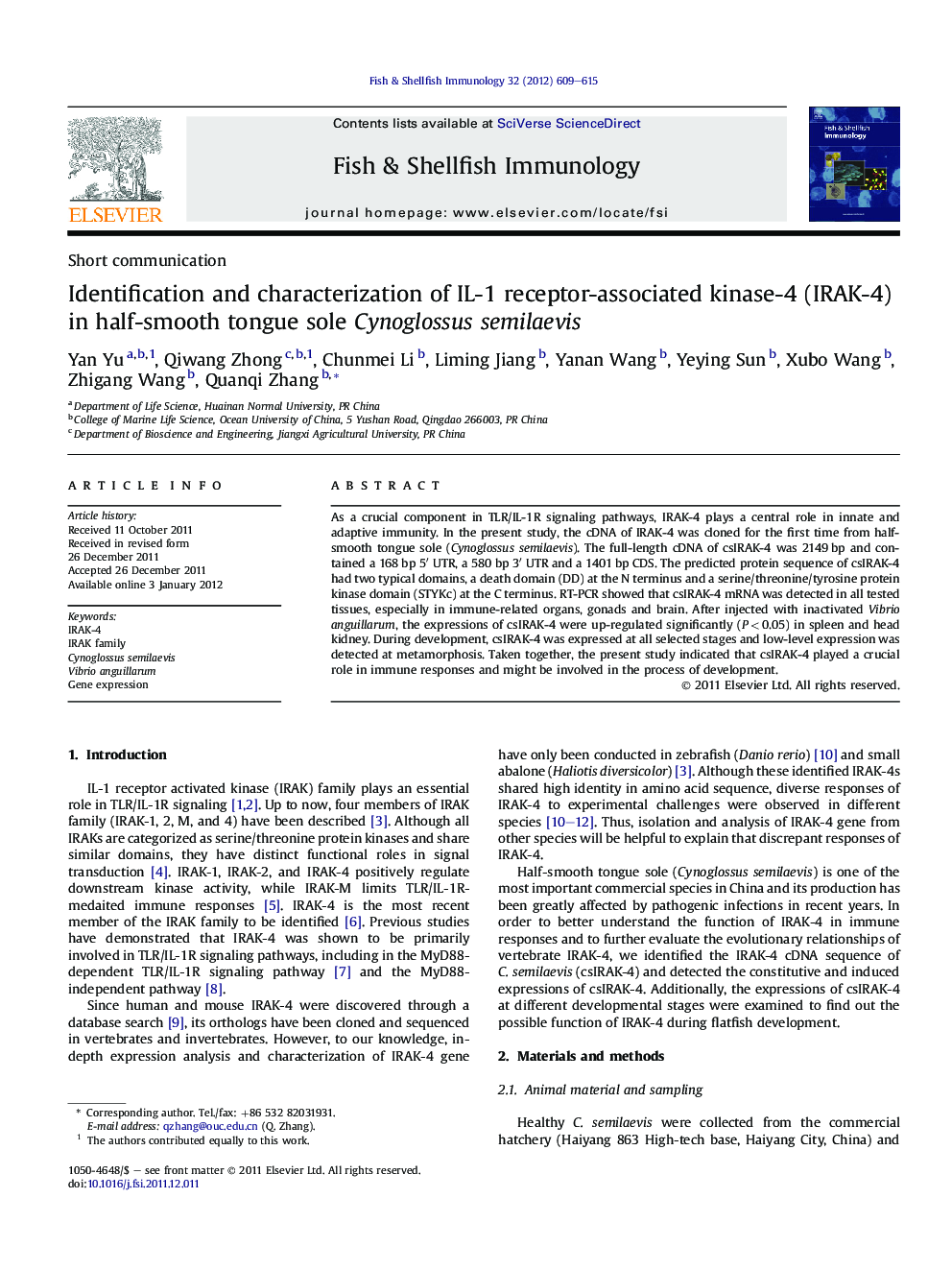 Identification and characterization of IL-1 receptor-associated kinase-4 (IRAK-4) in half-smooth tongue sole Cynoglossus semilaevis