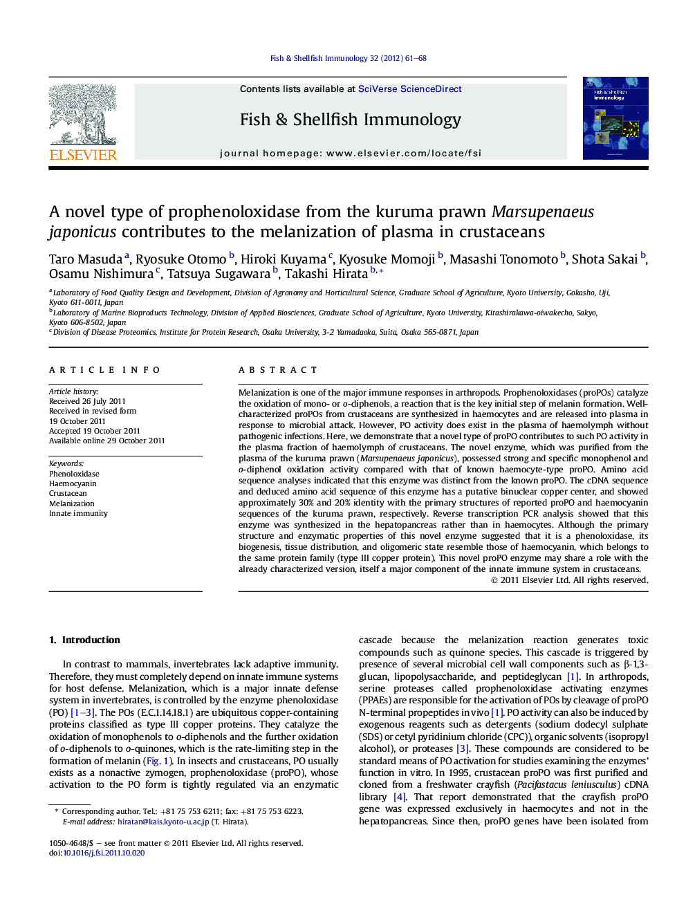 A novel type of prophenoloxidase from the kuruma prawn Marsupenaeus japonicus contributes to the melanization of plasma in crustaceans