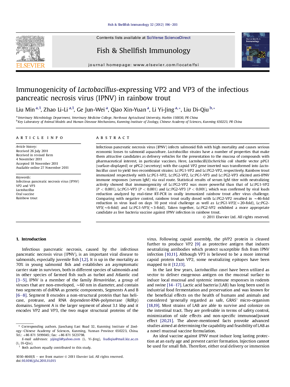 Immunogenicity of Lactobacillus-expressing VP2 and VP3 of the infectious pancreatic necrosis virus (IPNV) in rainbow trout