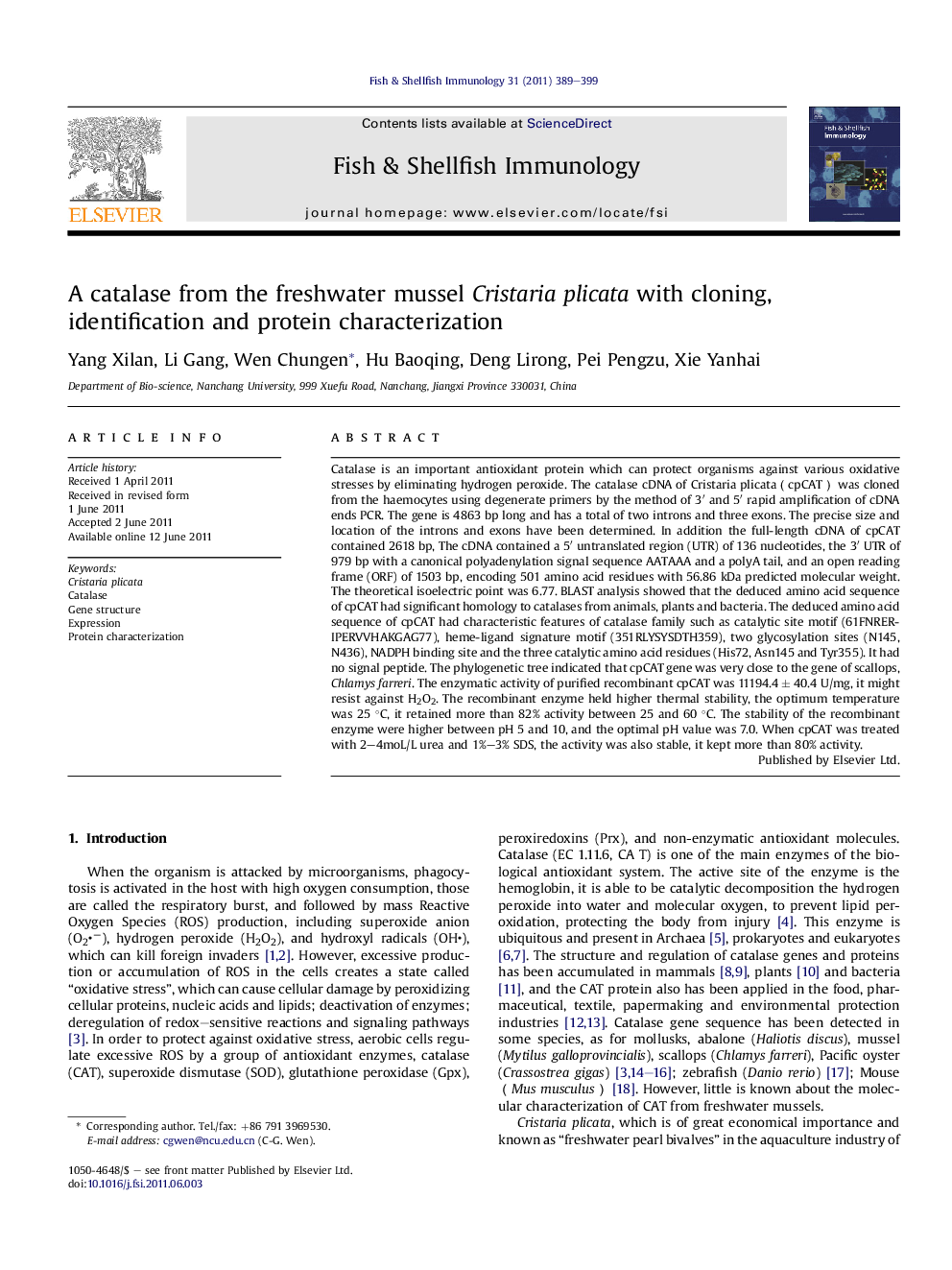 A catalase from the freshwater mussel Cristaria plicata with cloning, identification and protein characterization