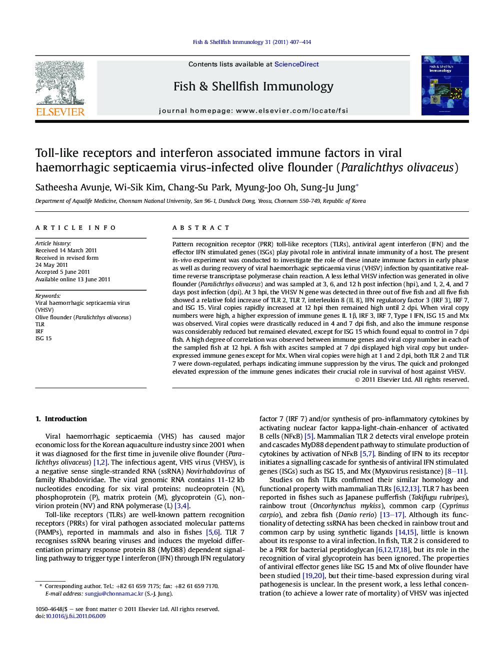 Toll-like receptors and interferon associated immune factors in viral haemorrhagic septicaemia virus-infected olive flounder (Paralichthys olivaceus)