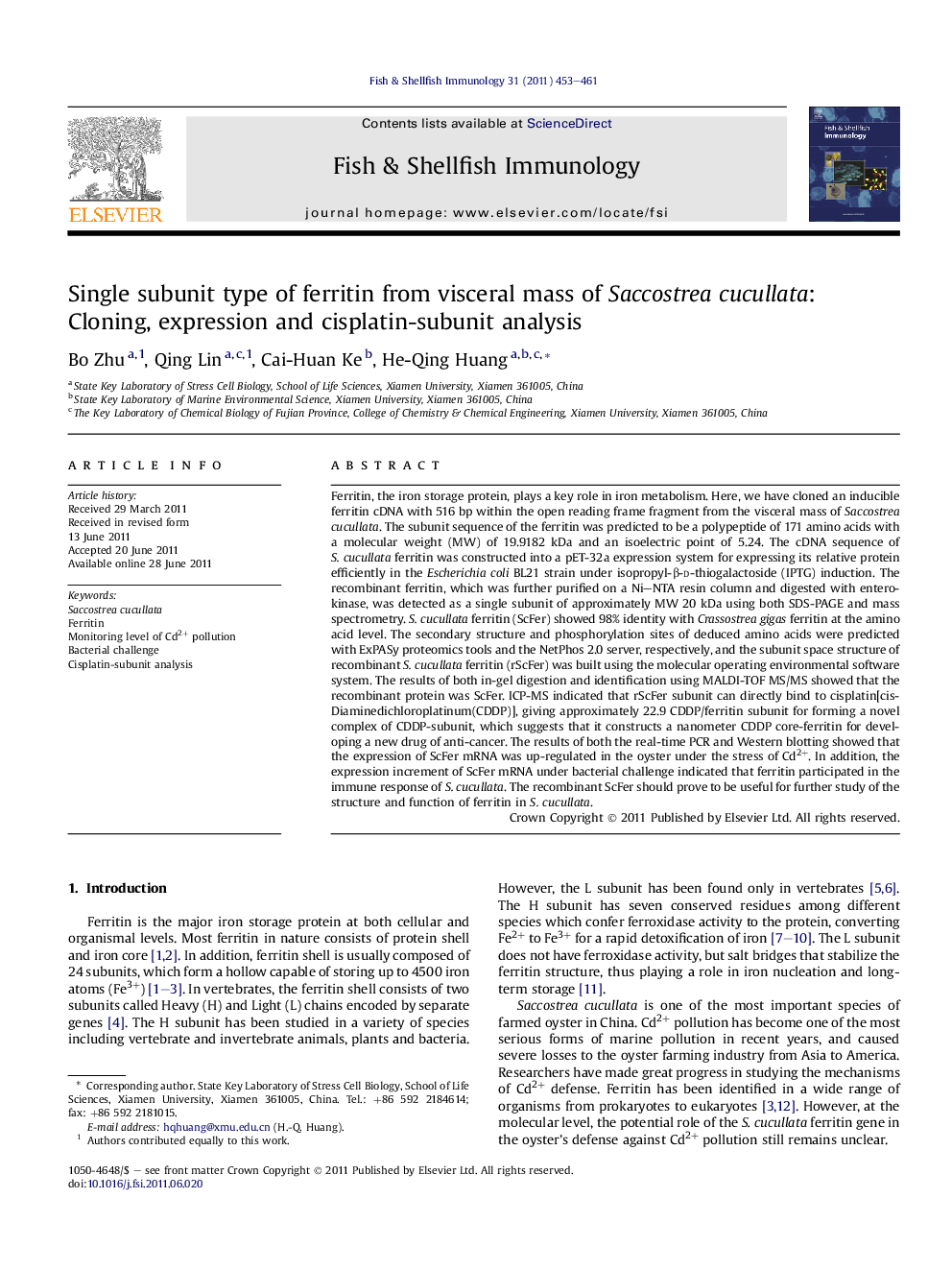 Single subunit type of ferritin from visceral mass of Saccostrea cucullata: Cloning, expression and cisplatin-subunit analysis