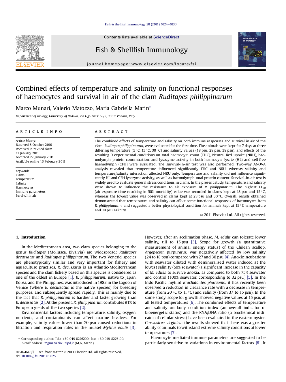 Combined effects of temperature and salinity on functional responses of haemocytes and survival in air of the clam Ruditapes philippinarum