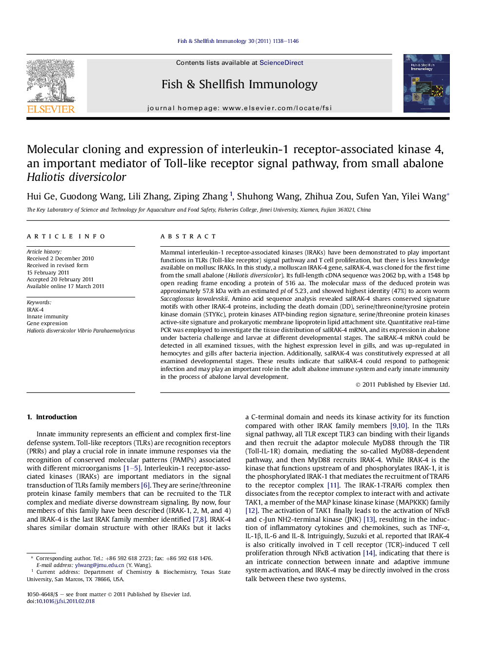 Molecular cloning and expression of interleukin-1 receptor-associated kinase 4, an important mediator of Toll-like receptor signal pathway, from small abalone Haliotis diversicolor