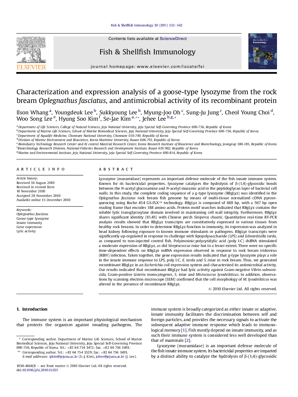 Characterization and expression analysis of a goose-type lysozyme from the rock bream Oplegnathus fasciatus, and antimicrobial activity of its recombinant protein