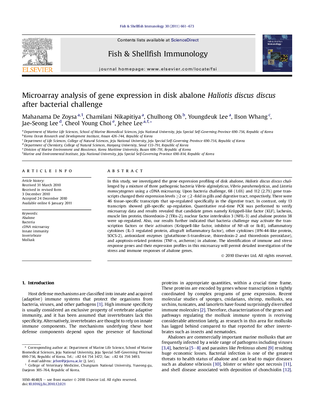 Microarray analysis of gene expression in disk abalone Haliotis discus discus after bacterial challenge