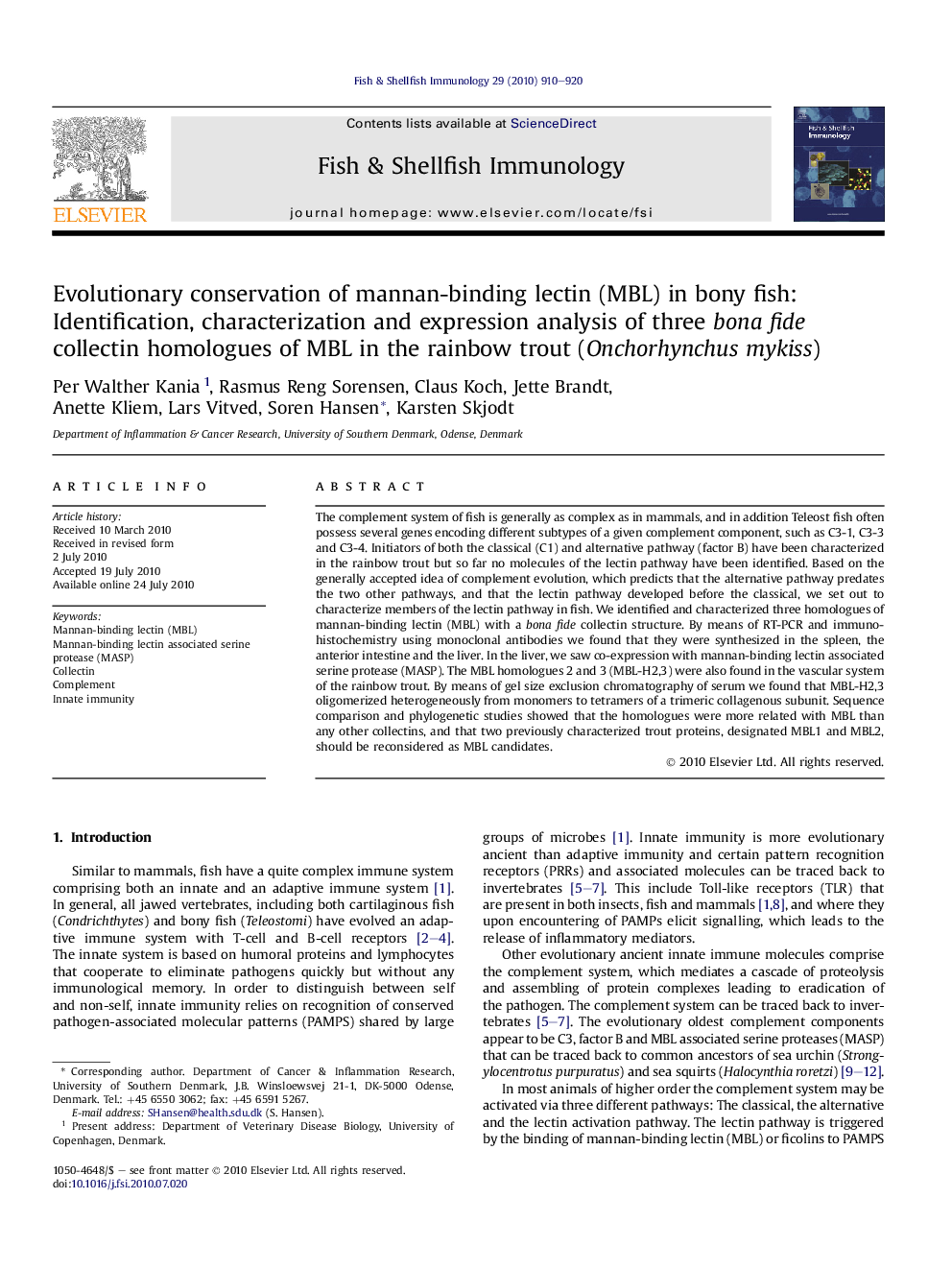 Evolutionary conservation of mannan-binding lectin (MBL) in bony fish: Identification, characterization and expression analysis of three bona fide collectin homologues of MBL in the rainbow trout (Onchorhynchus mykiss)