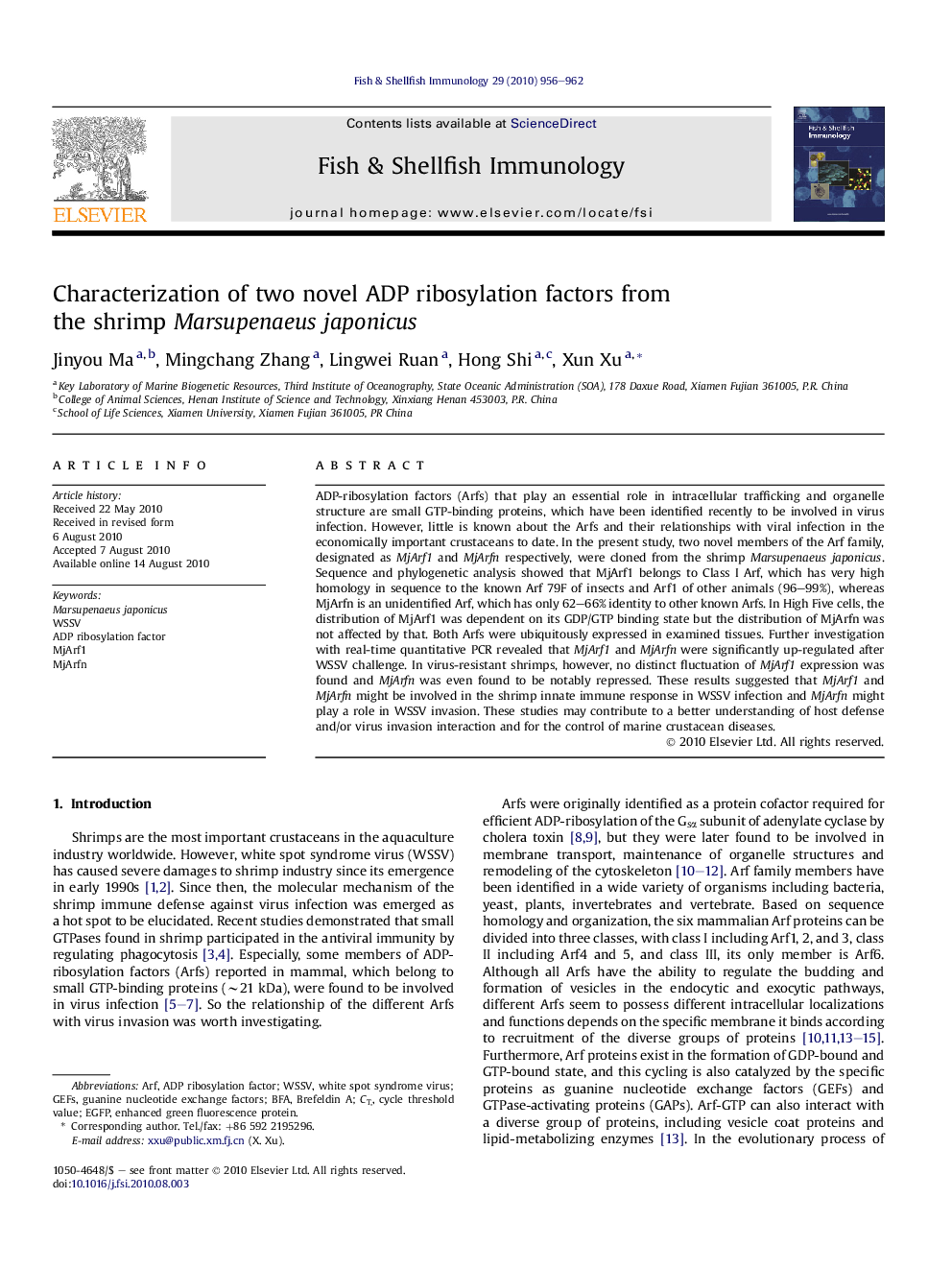 Characterization of two novel ADP ribosylation factors from the shrimp Marsupenaeus japonicus