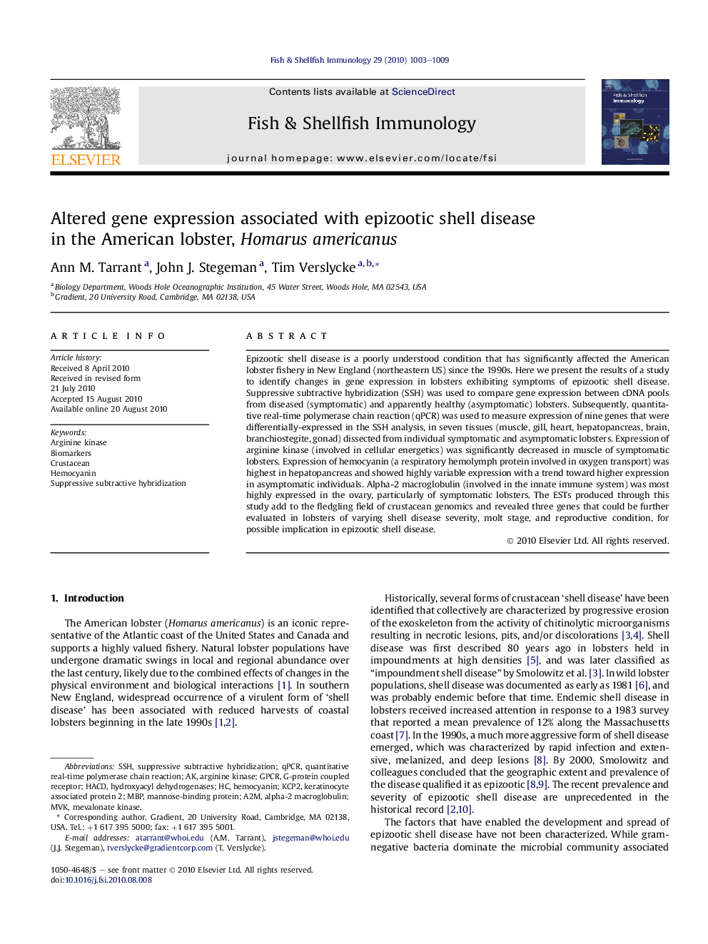 Altered gene expression associated with epizootic shell disease in the American lobster, Homarus americanus