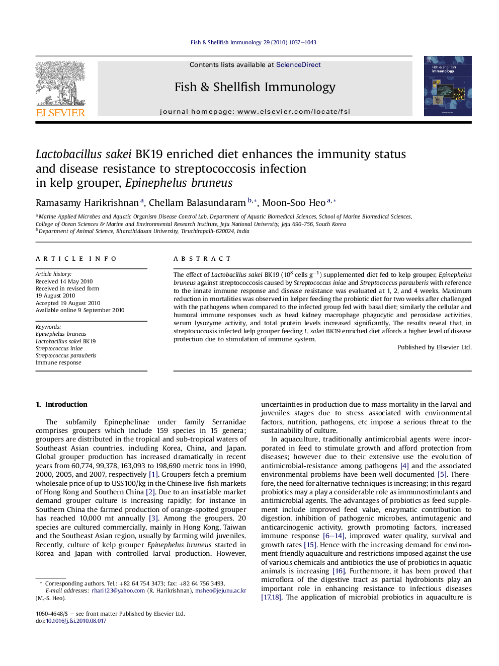 Lactobacillus sakei BK19 enriched diet enhances the immunity status and disease resistance to streptococcosis infection in kelp grouper, Epinephelus bruneus