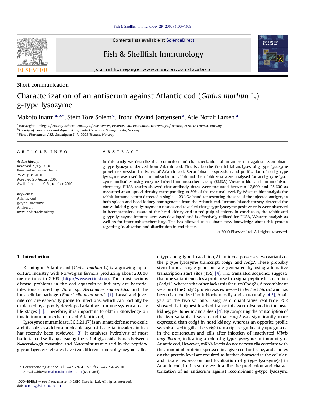 Characterization of an antiserum against Atlantic cod (Gadus morhua L.) g-type lysozyme
