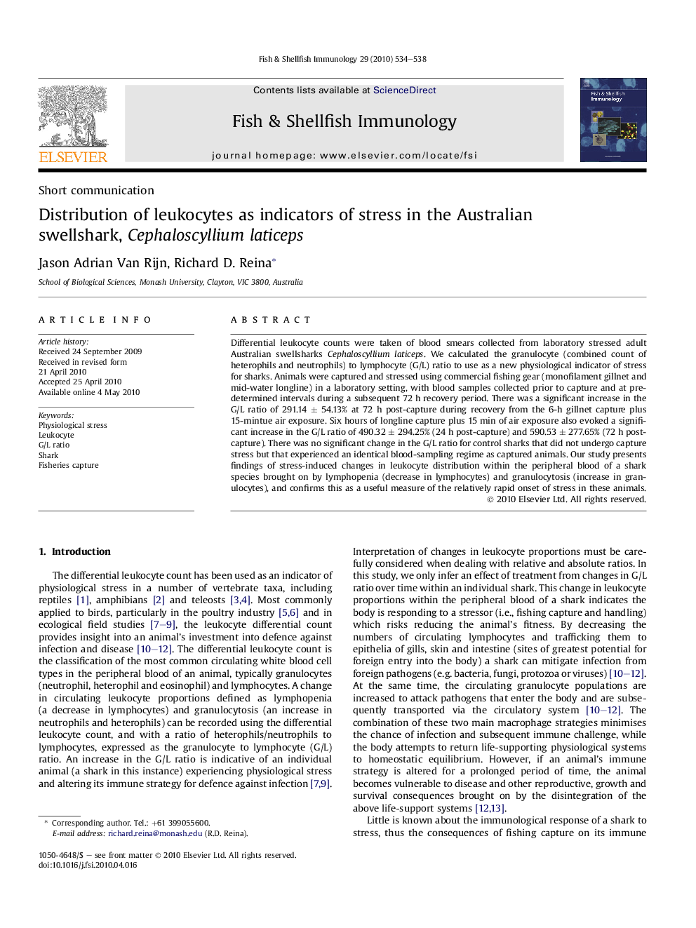 Distribution of leukocytes as indicators of stress in the Australian swellshark, Cephaloscyllium laticeps