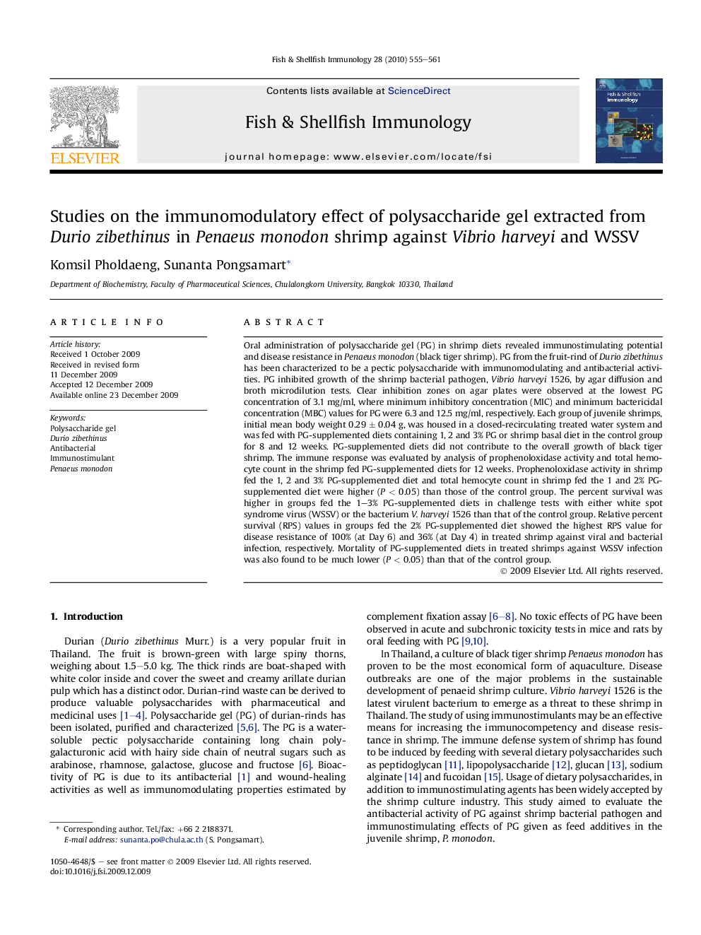 Studies on the immunomodulatory effect of polysaccharide gel extracted from Durio zibethinus in Penaeus monodon shrimp against Vibrio harveyi and WSSV