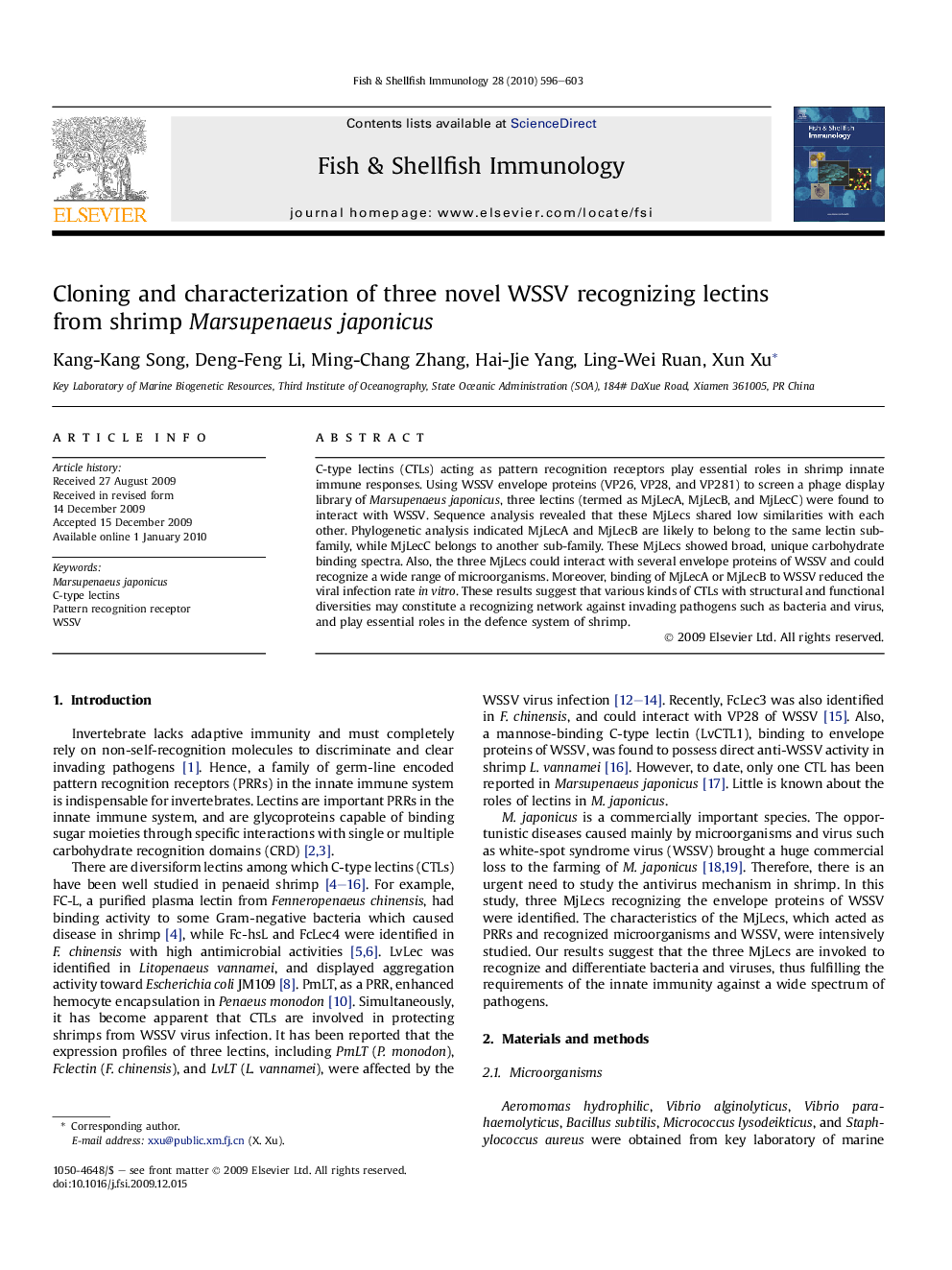 Cloning and characterization of three novel WSSV recognizing lectins from shrimp Marsupenaeus japonicus