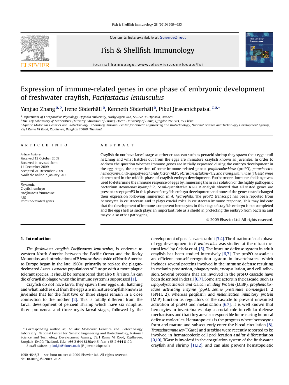 Expression of immune-related genes in one phase of embryonic development of freshwater crayfish, Pacifastacus leniusculus