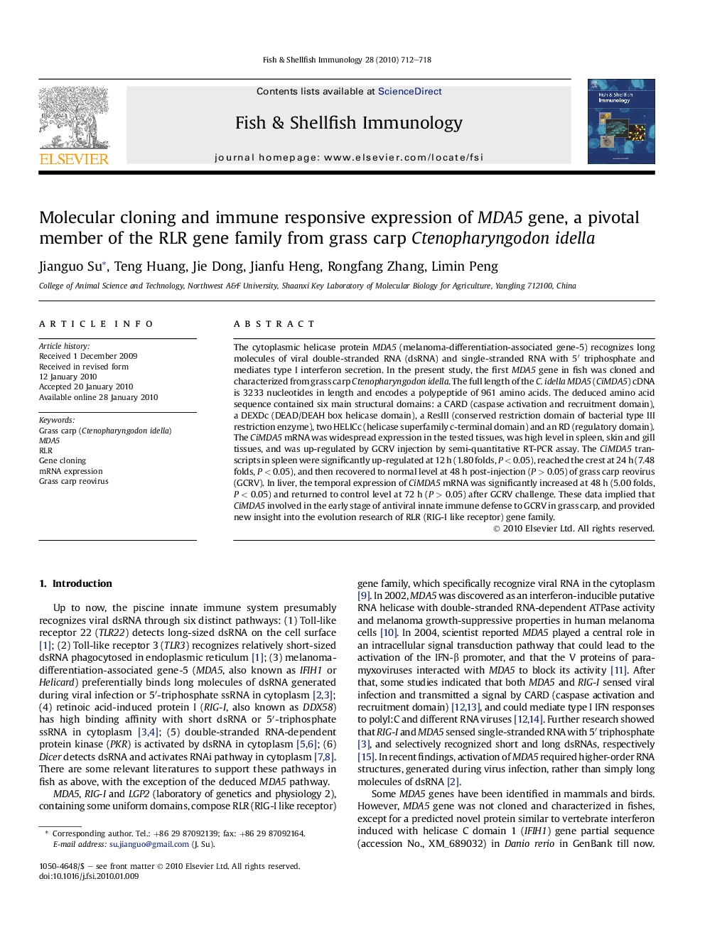 Molecular cloning and immune responsive expression of MDA5 gene, a pivotal member of the RLR gene family from grass carp Ctenopharyngodon idella