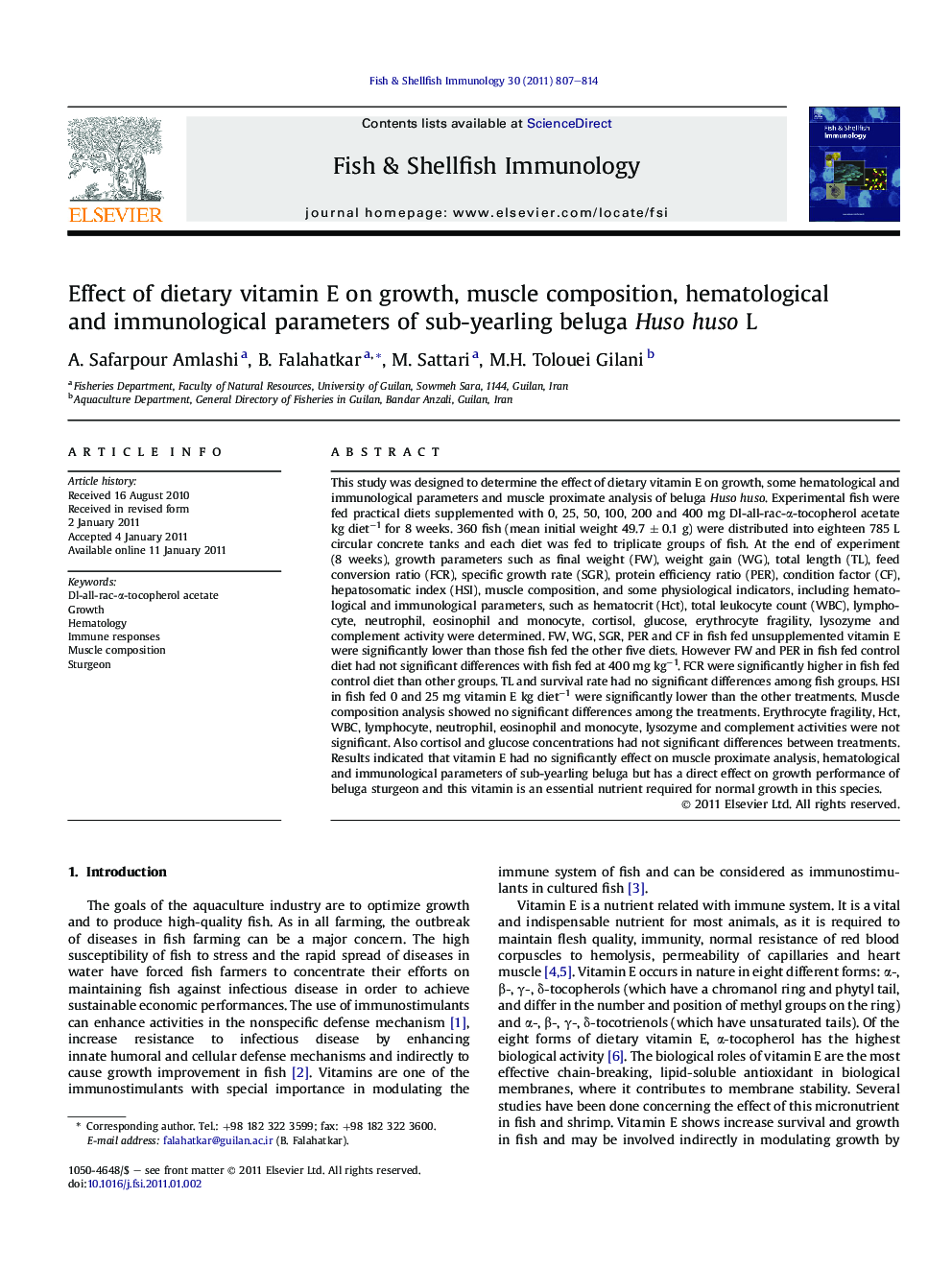 Effect of dietary vitamin E on growth, muscle composition, hematological and immunological parameters of sub-yearling beluga Huso huso L